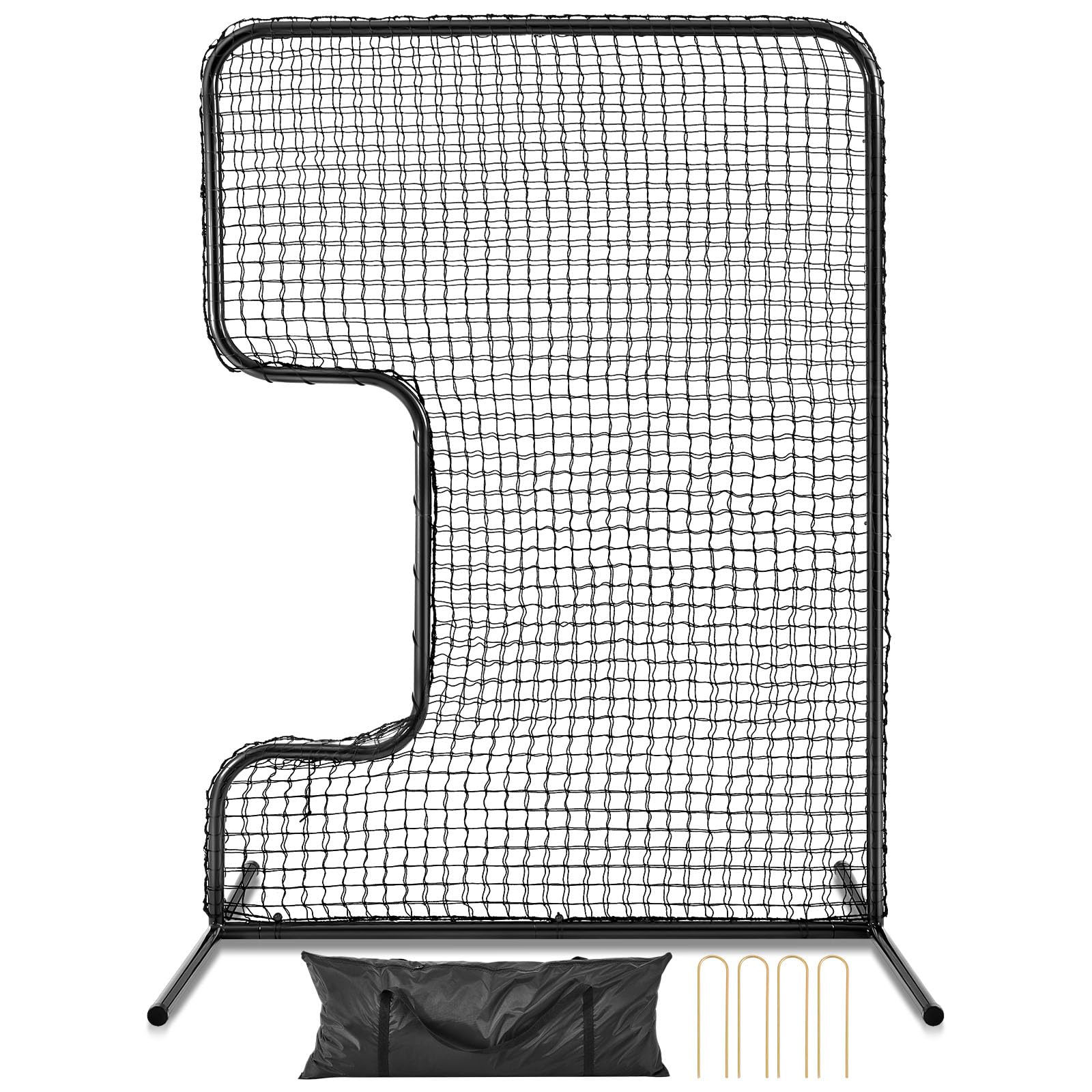 Seenelling Standard C Shaped Pitching Screen Softball Baseball Screen Softball Pitcher Pitching Machine Protector with Carry Bag, 7'H x 5'W 45 Ply Netting with 3'' x 18'' Cutout 1.5'' Diameter Frame
