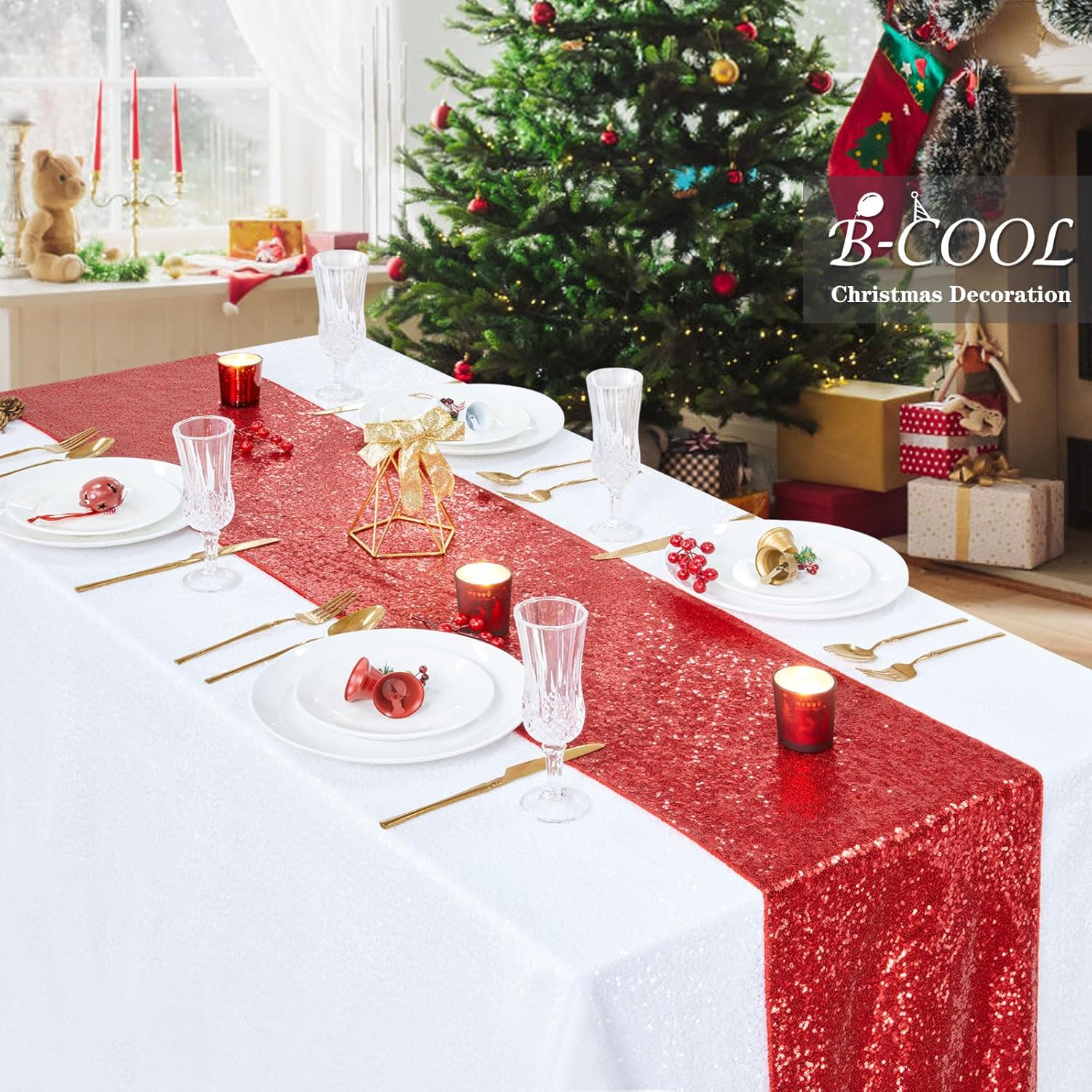 B-COOL Red Table Runners: 8 Pack 12x72 Inches Sparkly Sequin Table Runner for Holiday Party Wedding Metallic Table Decoration