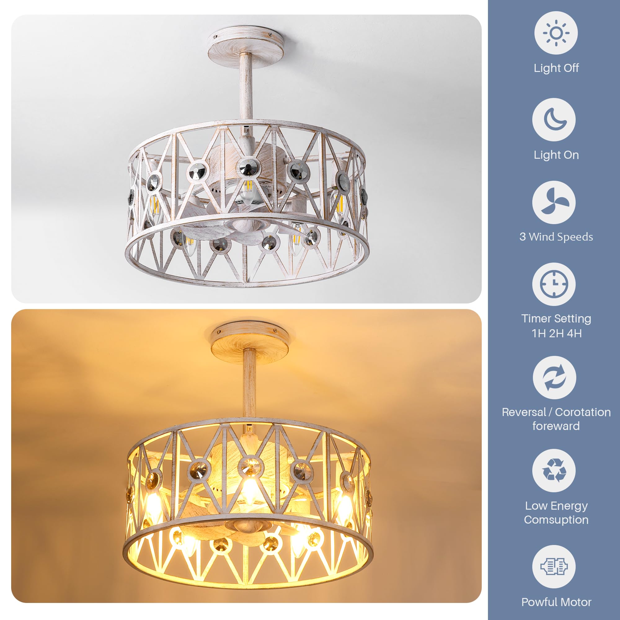 KINGTORO White Ceiling Fans with Light, 7 Blades Crystal Fan Light with Remote Control,E12 Bulbs Included, 3 Adjustable Speeds, Farmhouse Industrial Flush Mount Ceiling Fan for Bedroom, Dining Room