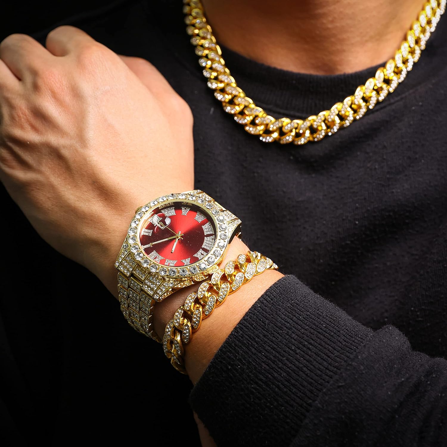 Halukakah Diamond Watch for Men - The Royal - 18K Real Gold/Platinum White Gold Plated & Handset Diamonds Iced Out,42MM Width Green/Blue/Red Dial Wristband 9.5”,Cuban Link Chain 8"+18",Comes with Giftbox