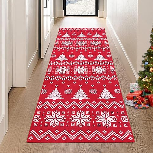 Miniatura 7 de Alfombra de pasillo de Navidad, copo de nieve y árbol de Navidad, alfombra bohemia para pasillo, alfombra decorativa de Navidad, alfombra de