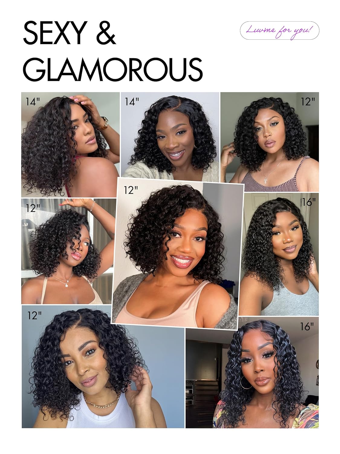 LUVME HAIR Curly Deep Wave Glueless Without Spray Lace 100% Human Hair Short Wigs 14 Inches Pre Cut Plucked Hd Lace Wig Ready To Go Natural Color Bleached Knots Side Part Black Wigs 14 Inches