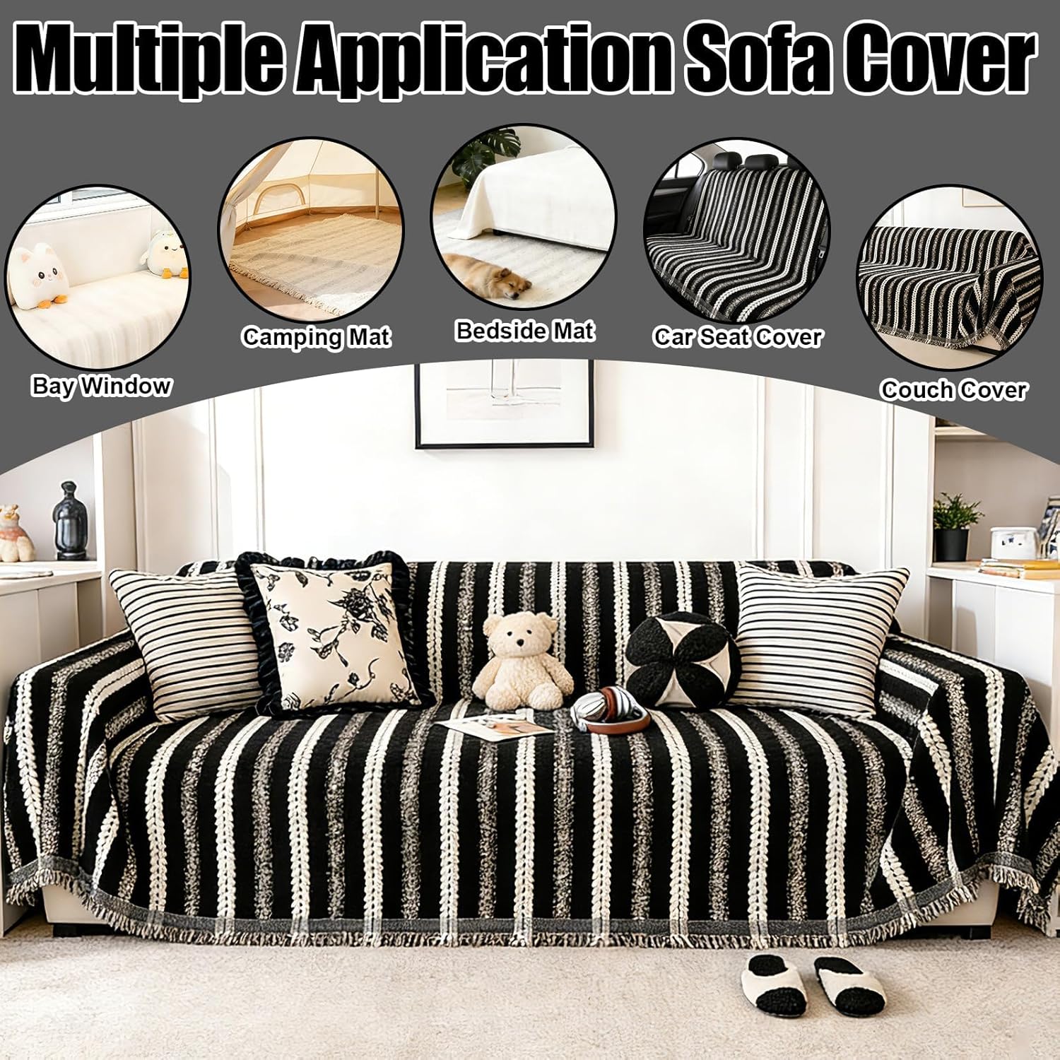 Couch Cover for Dogs, Pet Sofa Protector Washable, Non Slip Boho 3 Cushion Couch Furniture Covers for Pets Kids Living Room (Black, 71" x 118")