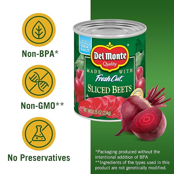 Del Monte Fresh Cut Sliced Beets, 8.25 oz. Can, Canned Vegetables (Pack of 12)