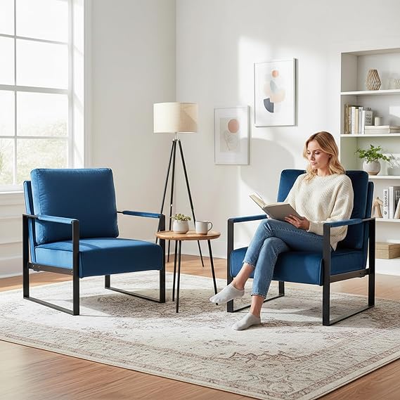 Container Furniture Classic Mid Century Modern Accent Chair with Durable Square Metal Frame, Armchair for Living Room, Bedroom, Home Office in Plush Velvet Upholstery, Blue