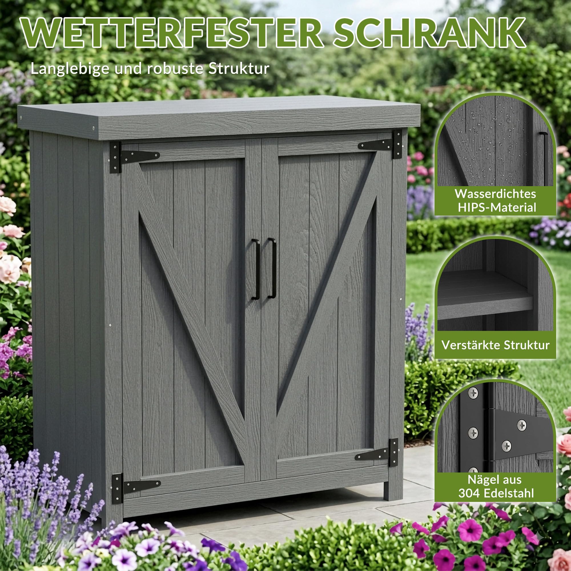 Outdoor Schrank Wetterfest, Gartenschrank, Robuster Aufbewahrungsschrank aus hochwertigem Holz-Kunststoff (HIPS) – Pflegeleicht, UV-beständig & langlebig – Ideal für Garten, Balkon & Terrasse