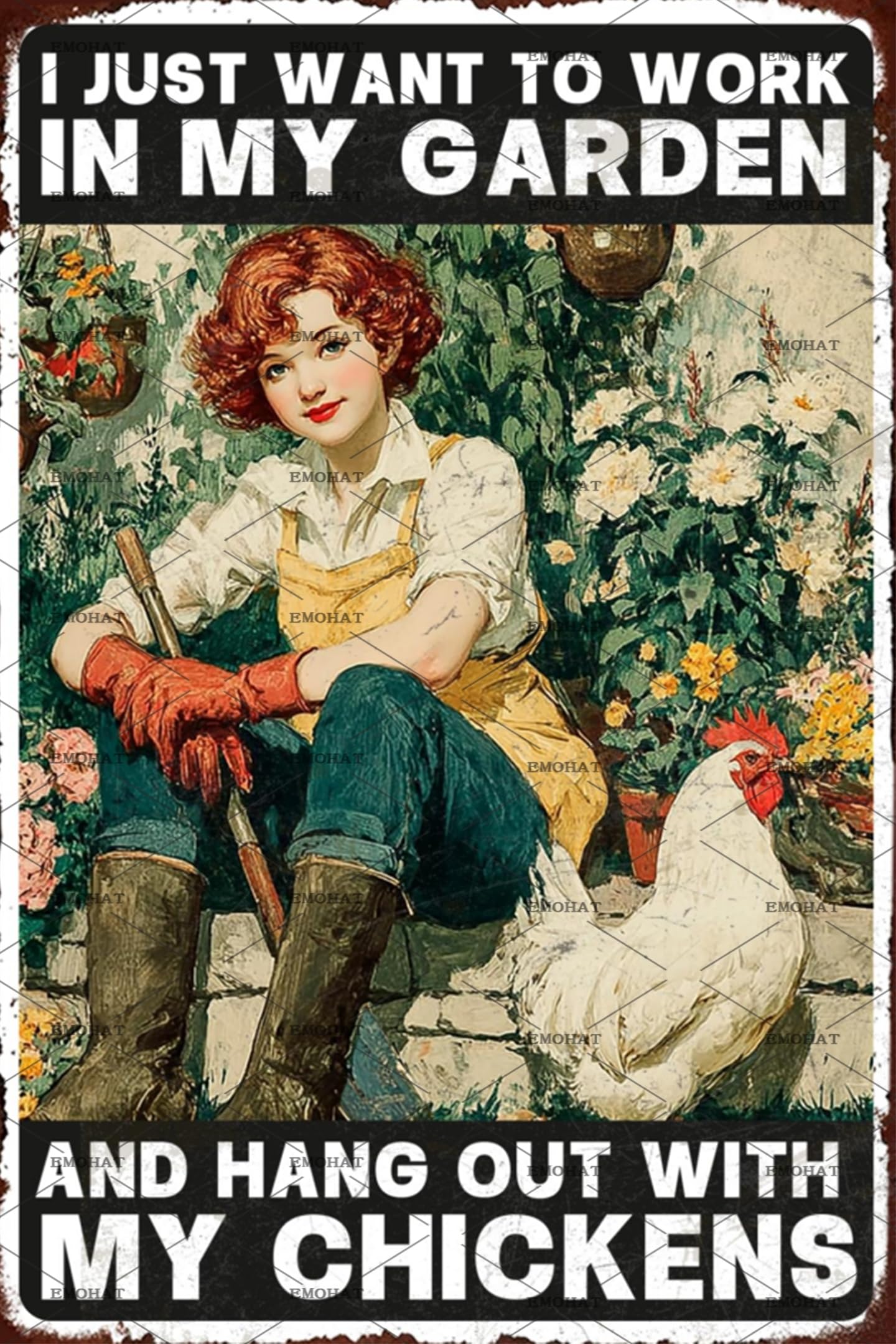 I Just Want to Work in My Garden and Hang Out with My Chickens Metal Tin Sign, Rustic Farmhouse Wall Decor for Garden & Coop, 8x12 Inch Vintage Outdoor Art for Chicken Enthusiasts