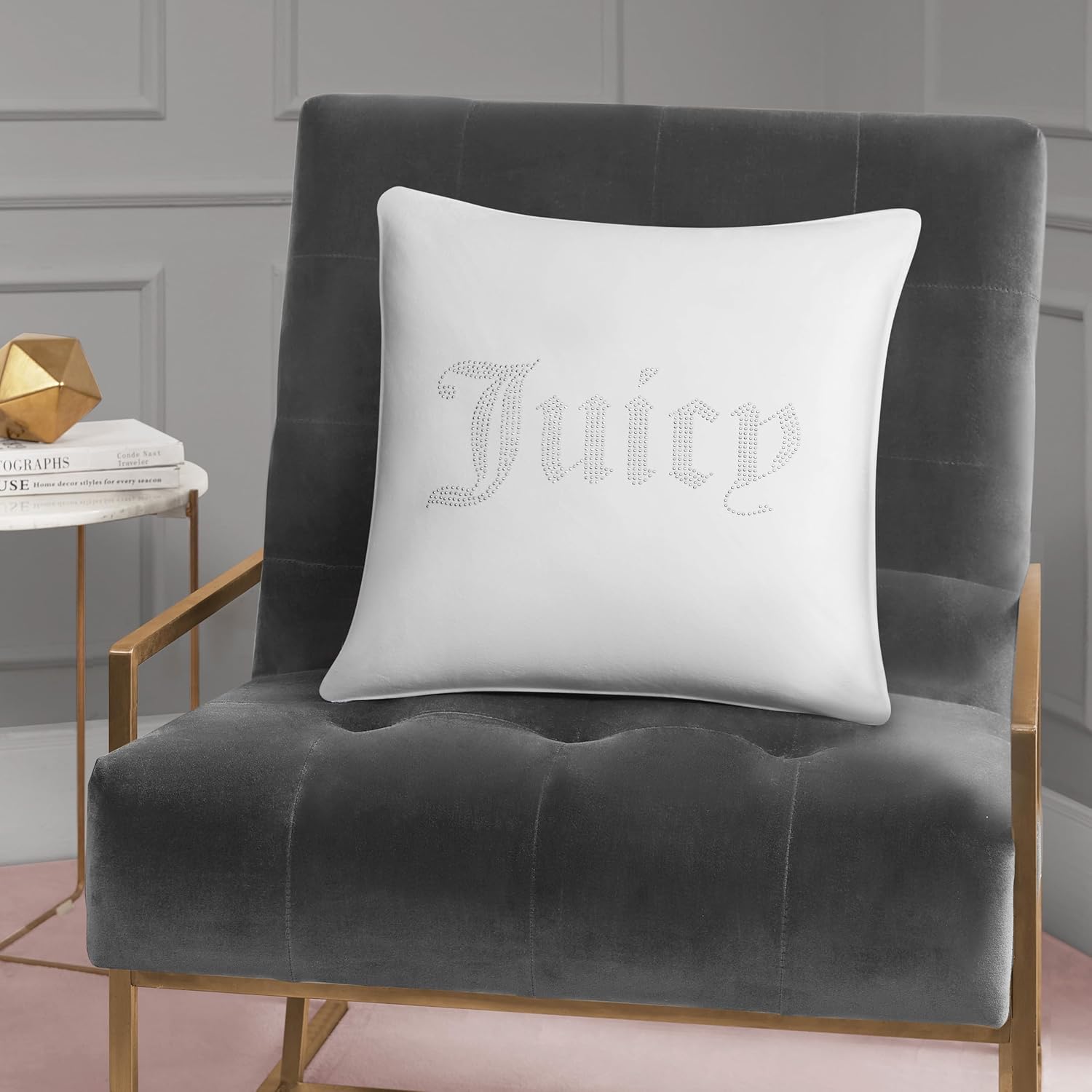 Juicy Couture Square One Piece Living Room and Bedroom Décor, Premium Throw Pillow, 20"x20", Rhinestone Juicy White
