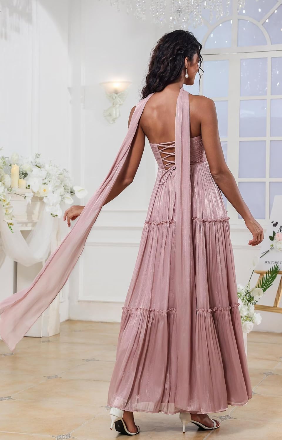 Women Strapless Maxi Bridesmaid Dresses with Scarf A Line Crepe Pleated Formal Wedding Guest Gown for Women