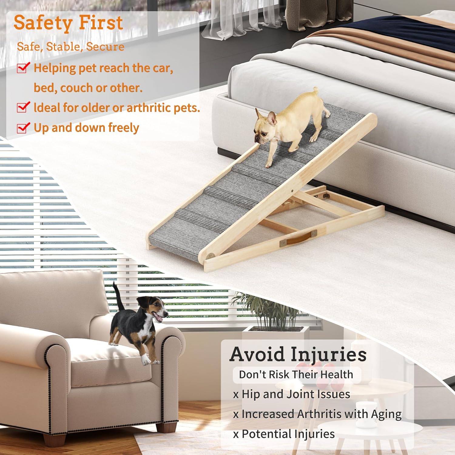 Dog Ramp for Couch, Adjustable Height Dog Ramp for Bed, 4 Adjustable Heights 11" to 23", Folding Wooden Pet Ramp, Dog Ramp for Large Dogs & Small Dogs, Non-Slip Steps, Supports 200 lbs, Natural