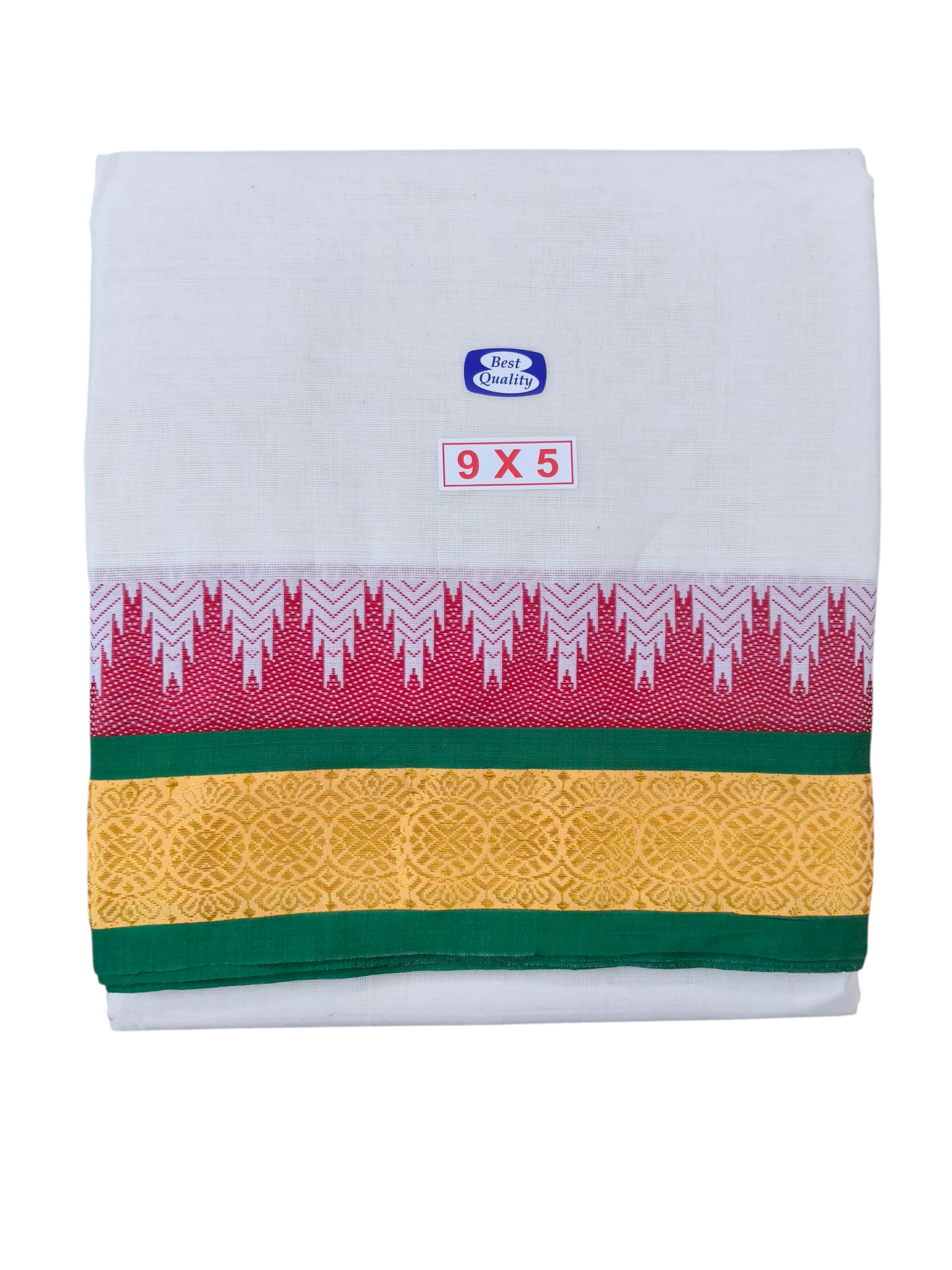 sri raajam textiles Traditional Mens Pure Cotton Rudratcha Dhoti with Angavashtram, 9x5 Size, Green & Maroon-Gold Zari Border, Cream Off White Colour, 4 Metres Dhoti with 2.25 Metres Angavashtram,9+5 Panchakecham-picture-14