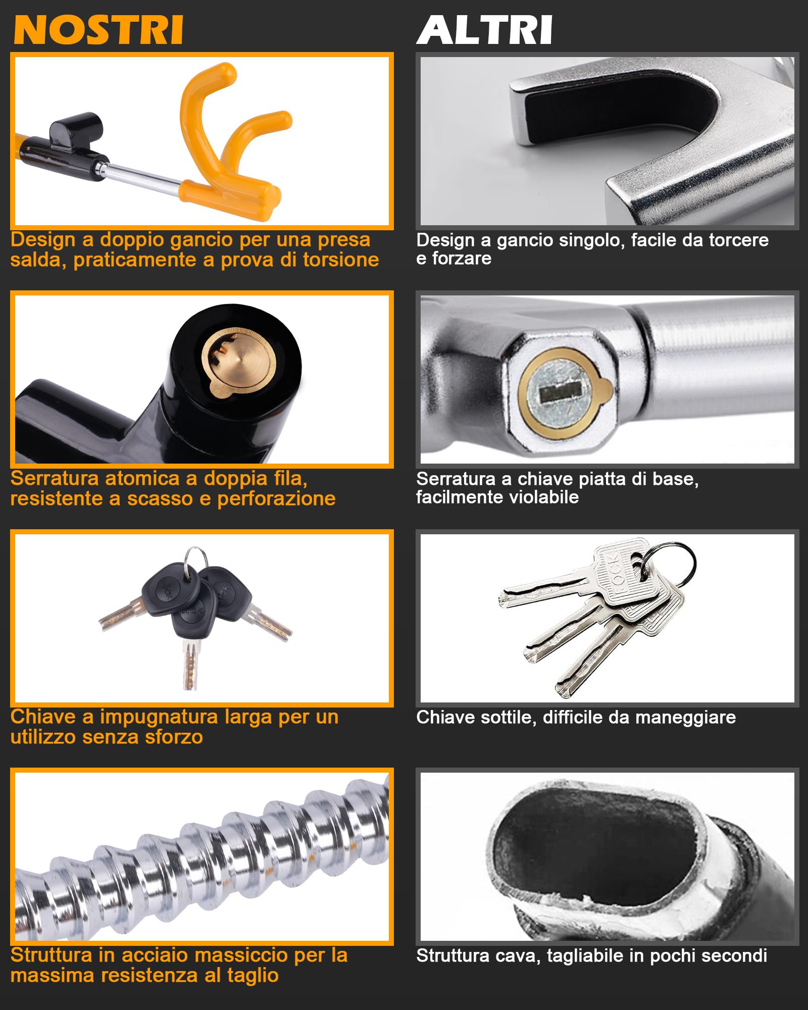 Tevlaphee Bloccasterzo a 4 Ganci, Dispositivo Antifurto Robusto ad Alta Visibilità, Compatibilità Universale per Auto, Furgoni, SUV, Adatto a Volanti fino a 41,5 cm, con 3 Chiavi(Giallo)