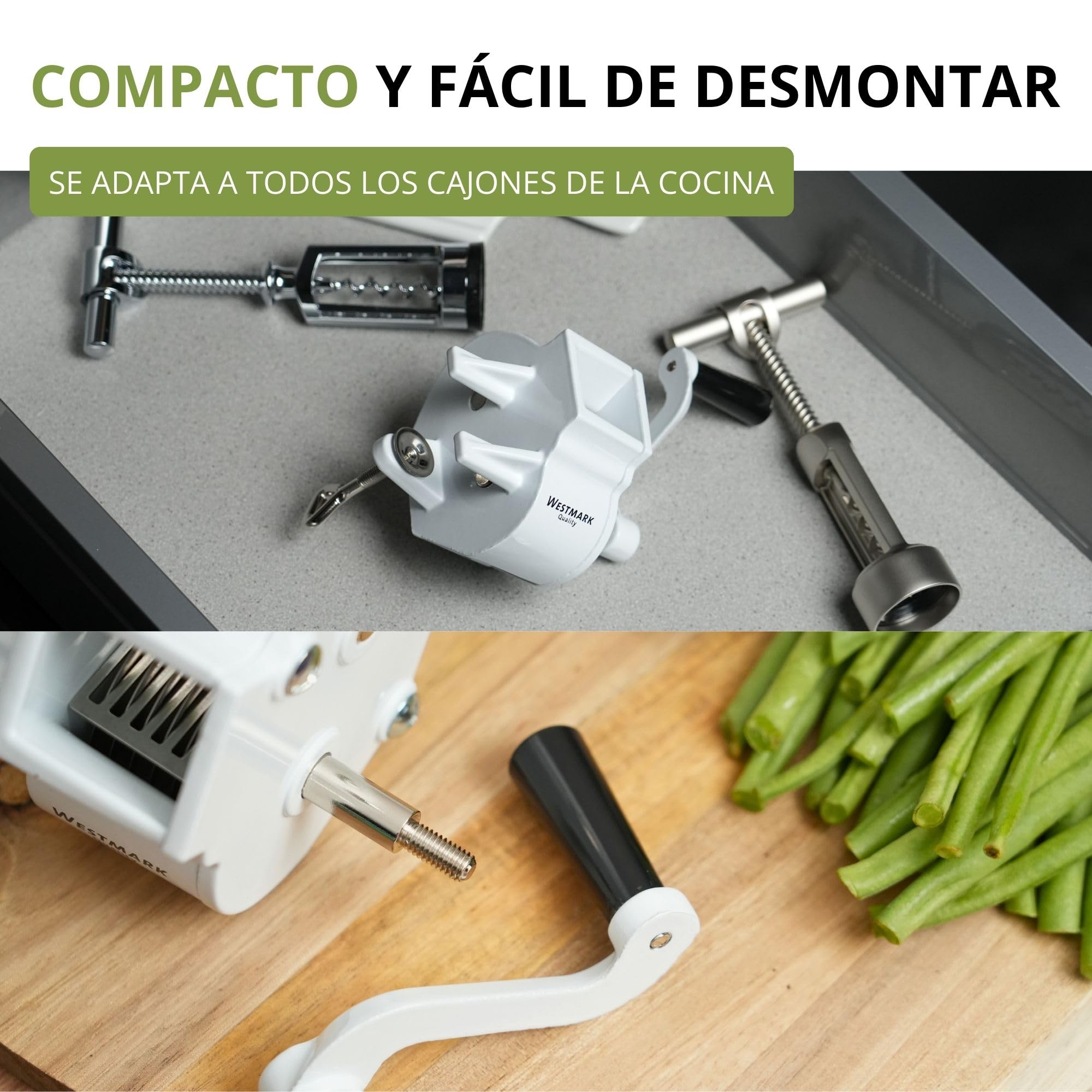 Westmark Mandolina para judías con gran abertura de corte y abrazadera de tornillo para el montaje en la mesa, Cuchillas de acero inoxidable/carcasa de acero, Blanco, 11862260