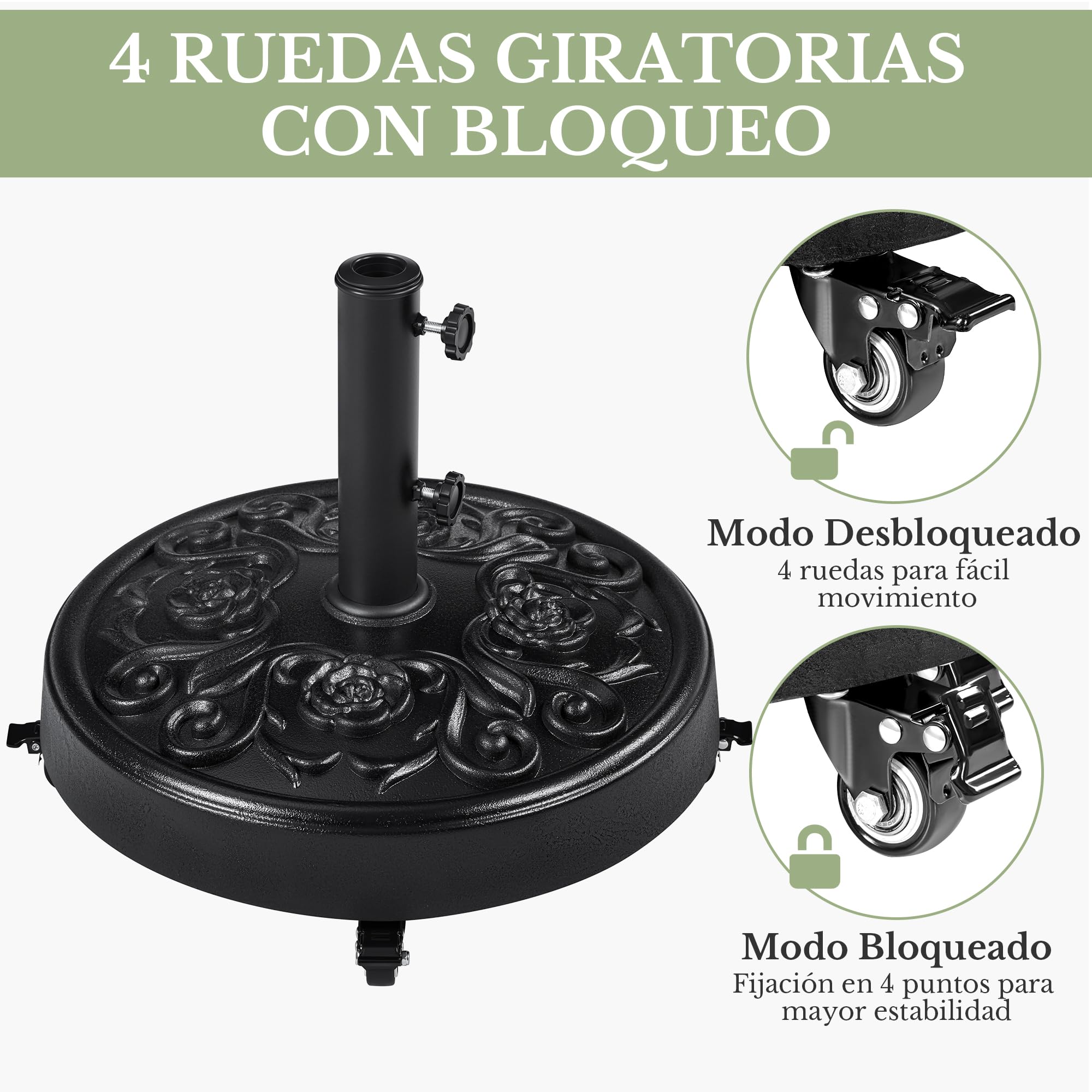 Yaheetech Base Redonda de Sombrilla con Ruedas Soporte para Parasol de 25 kg con Diseño Rústico Vintage de Rosas para Exteriores Playa Terraza (Negro)
