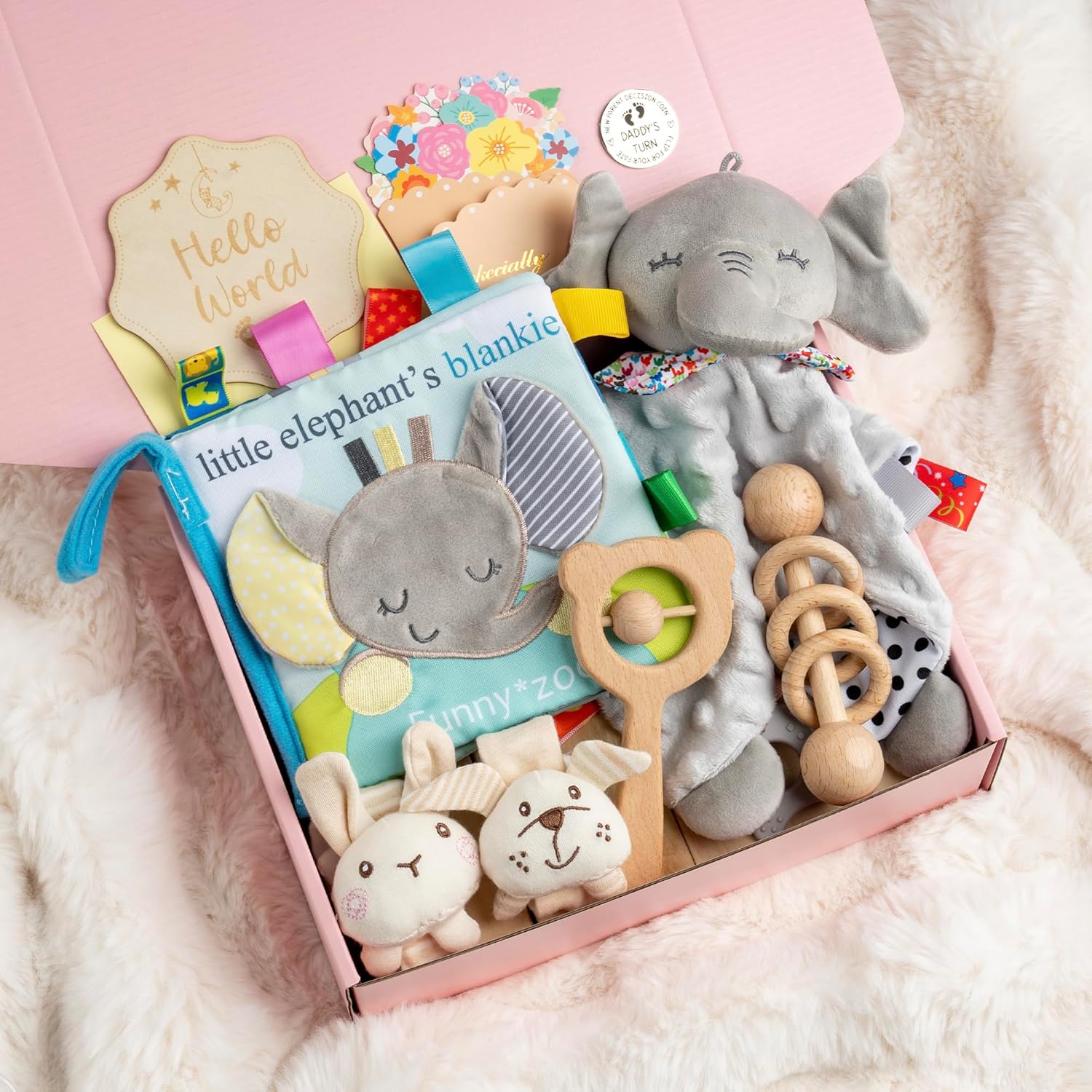 Baby Gift Set, Baby Toys 0-6 Months Include Elephant Security Blanket Wrist Rattle Wooden Rattle Baby Book
