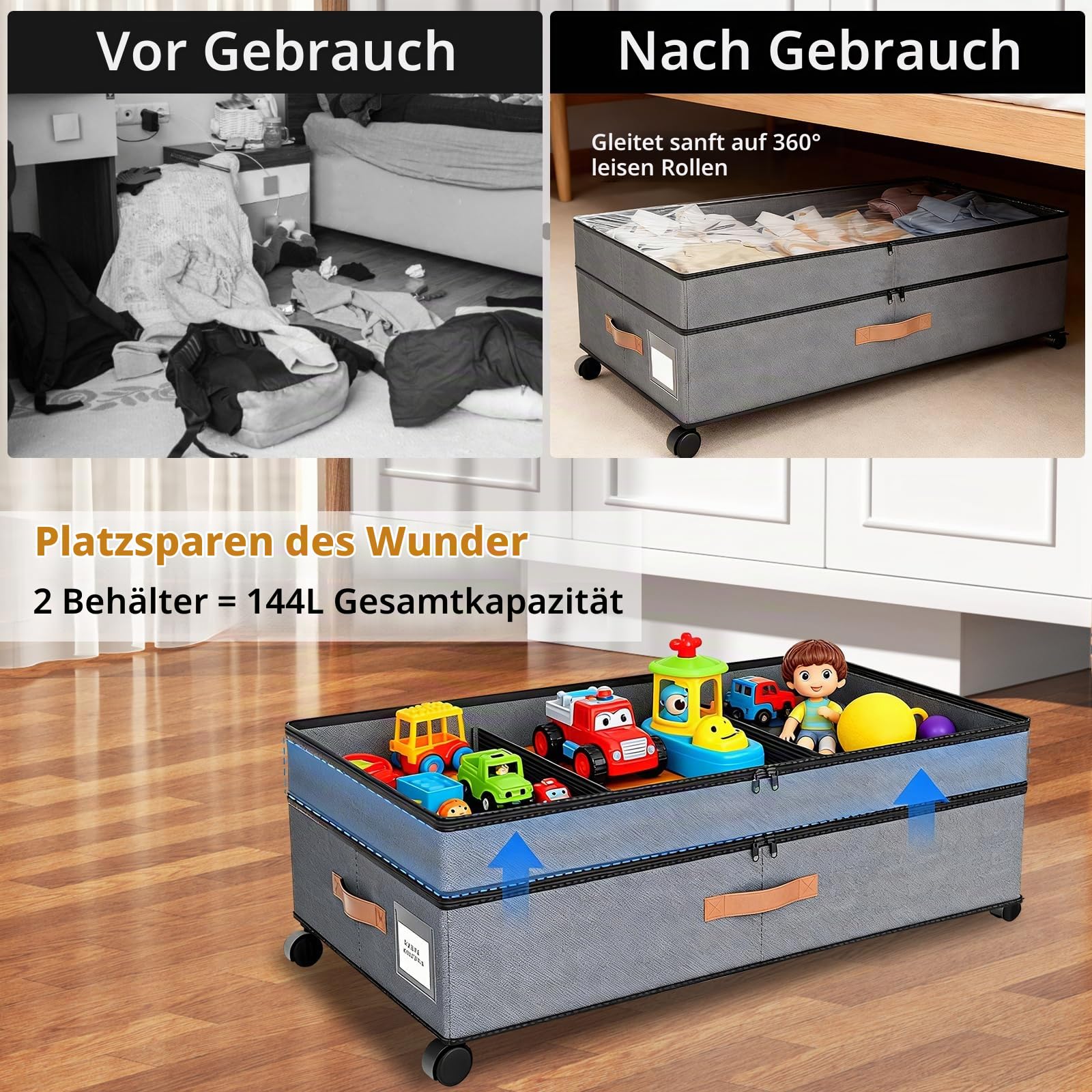Unterbett-Aufbewahrungsbox mit Rollen,2 Stück 72L(78x42x24cm),Unterbettkommode mit Rollen,360°Drehung& große Kapazität, Waschbar, Zusammenklappbar,für Kleidung, Schuhe, Spielzeug und Decken