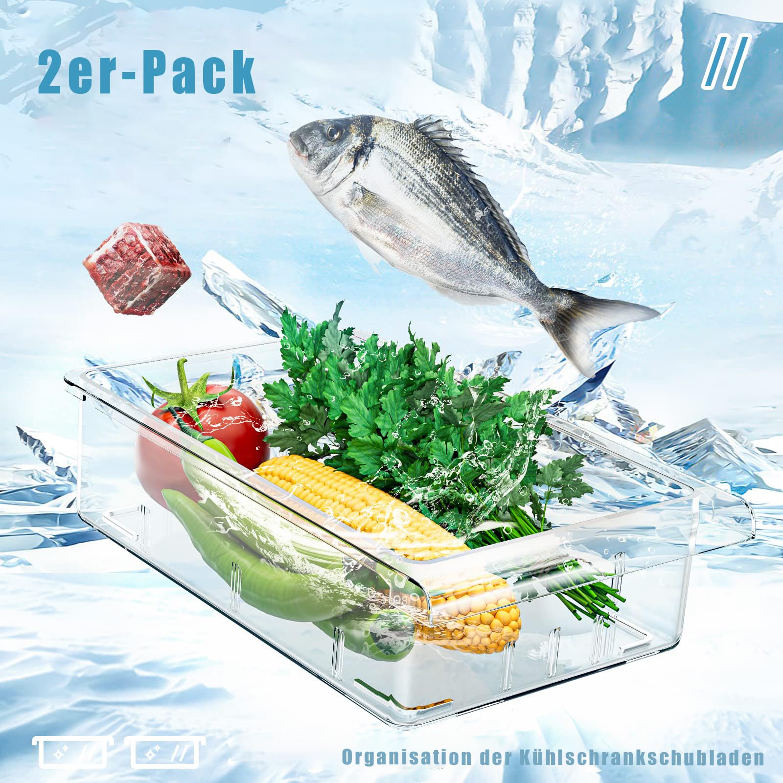 Organizer Per Frigorifero - 2 Cassetti Estraibili Per Uova, Frutta E Verdura