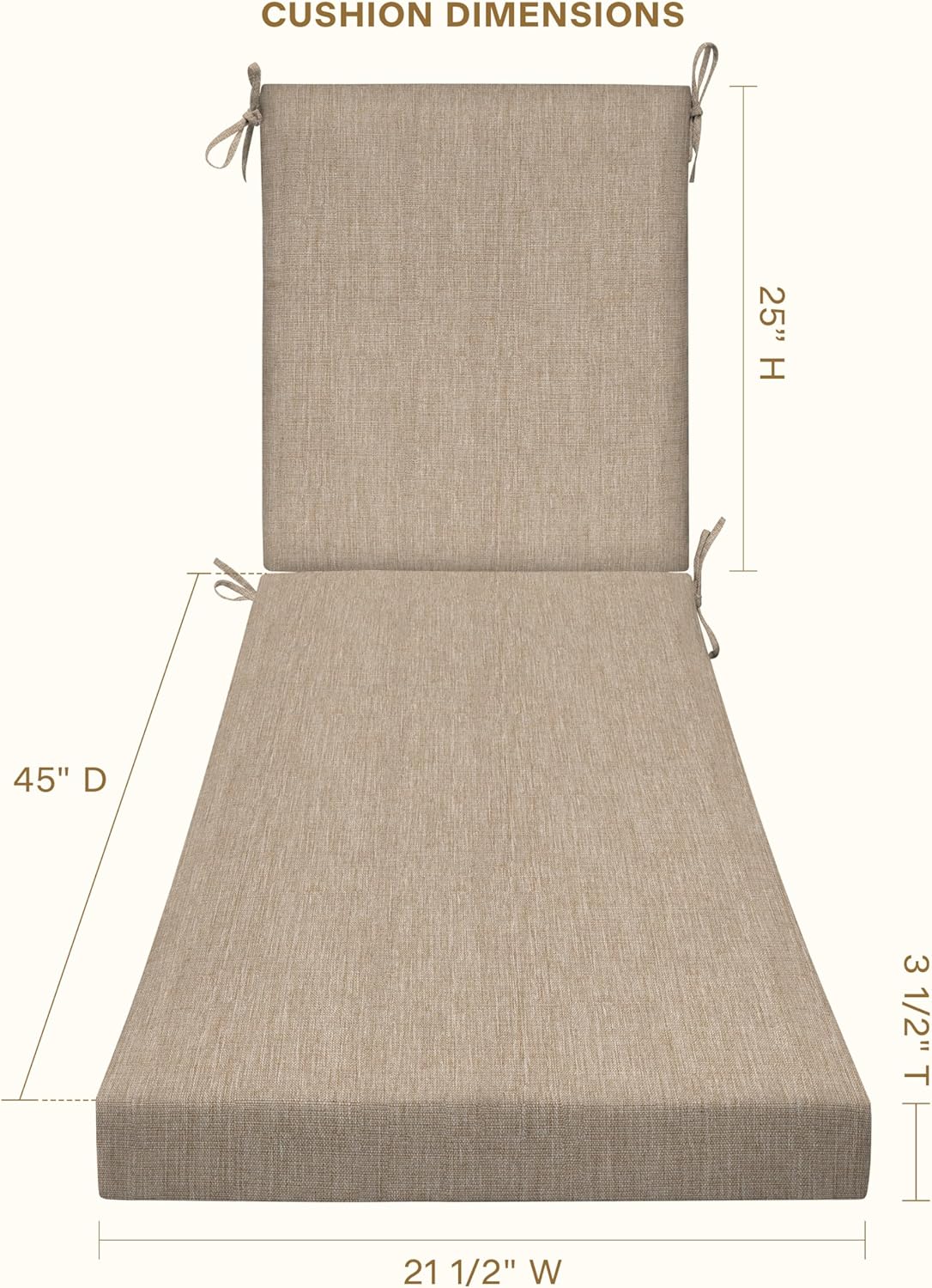 Honeycomb Outdoor Chaise Lounge Cushion for Patio Furniture, Water & Fade Resistant, Removable Cover, 21.5 x 70, Heritage Textured Solid Birch Tan