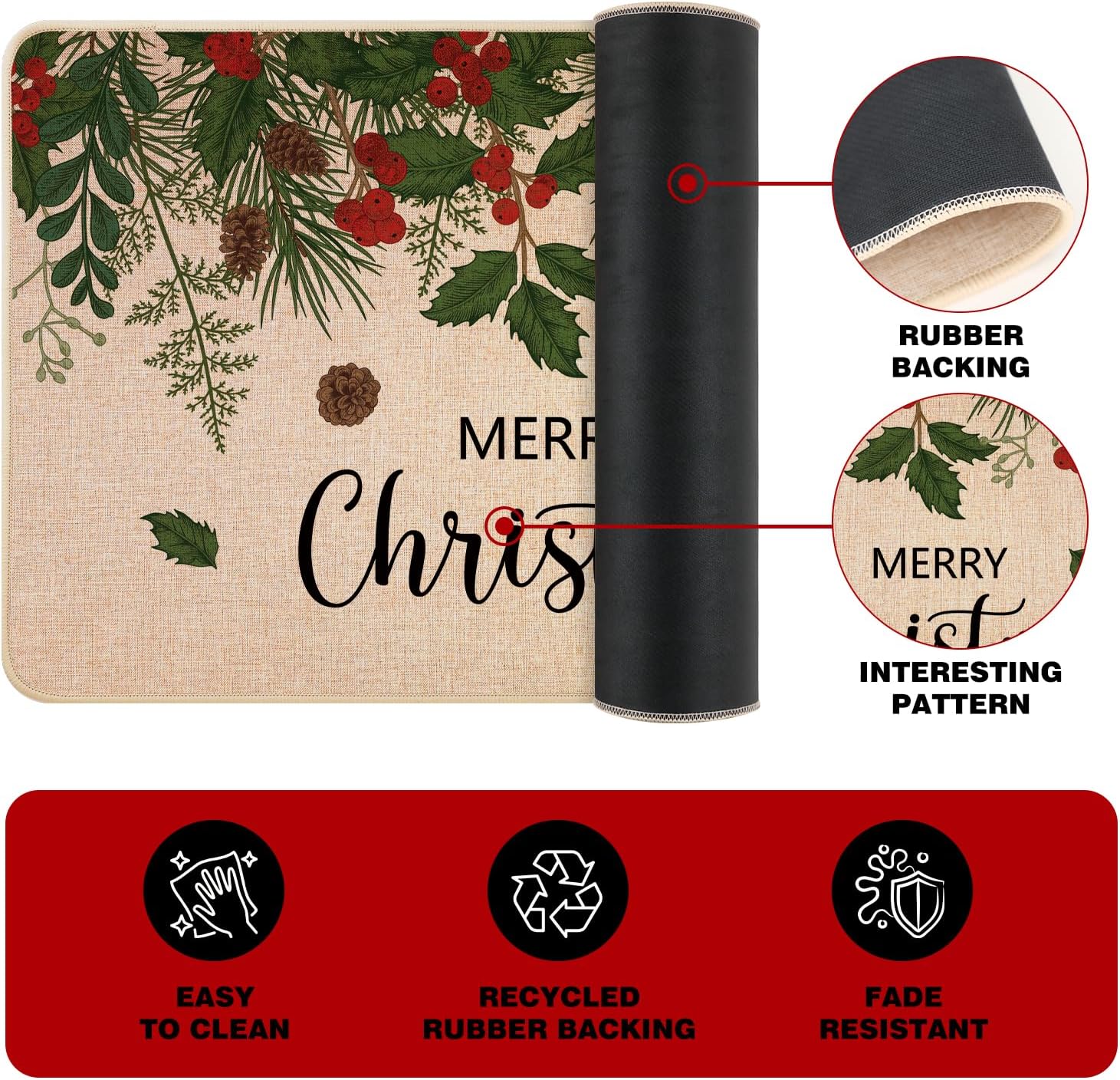 Siilues Christmas Kitchen Mat Set of 2, Non-Slip Holly Pine Branches Leaves Merry Christmas Kitchen Rugs for Floor Seasonal Winter Home Decor Low-Profile - 17x29 and 17x47 Inch