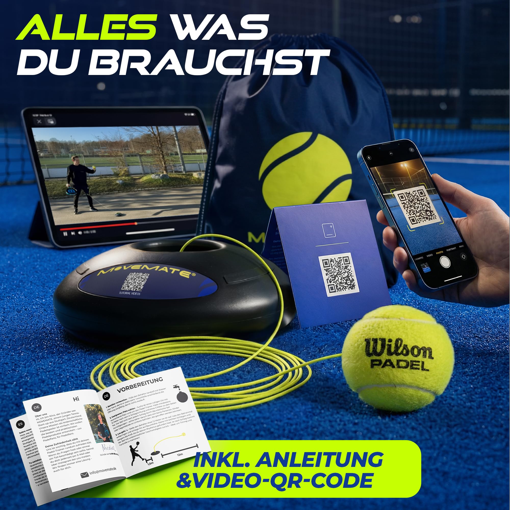 MOVEMATE Padel-Trainer Set mit Wilson® Padelball | innovatives Ballspiel für Draußen, im Garten, im Park für Kinder & Erwachsene | inkl. Transporttasche & Übungsvideos