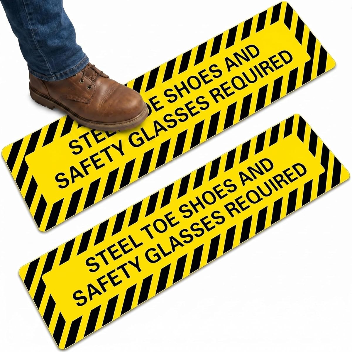 Watersay Paquete de 2 calcomanías de piso para zapatos con punta de acero y gafas de seguridad, 6 x 24 pulgadas, señales de seguridad antideslizantes esmeriladas, pegatinas de advertencia de PPE para el lugar de trabajo industrial