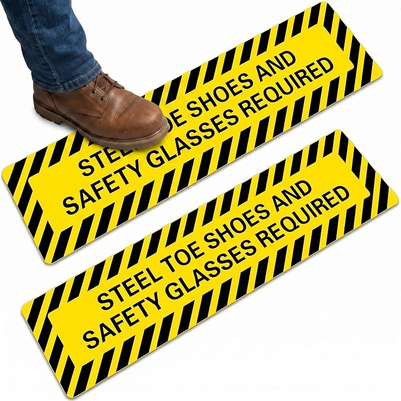 Watersay Paquete de 2 calcomanías de piso para zapatos con punta de acero y lentes de seguridad, 6 x 24 pulgadas, señales de seguridad antideslizantes esmeriladas, pegatinas de advertencia de PPE para el lugar de trabajo industrial