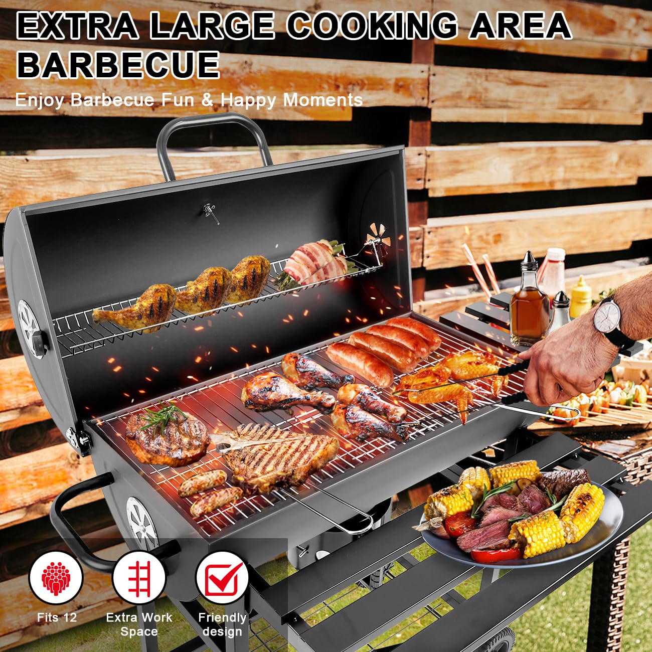 Parrilla de carbón con medidor de temperatura, parrilla grande para exteriores con mesa auxiliar, espacio de cocción de 565 pies cuadrados para 8-12 personas, ideal para acampar y barbacoa 2