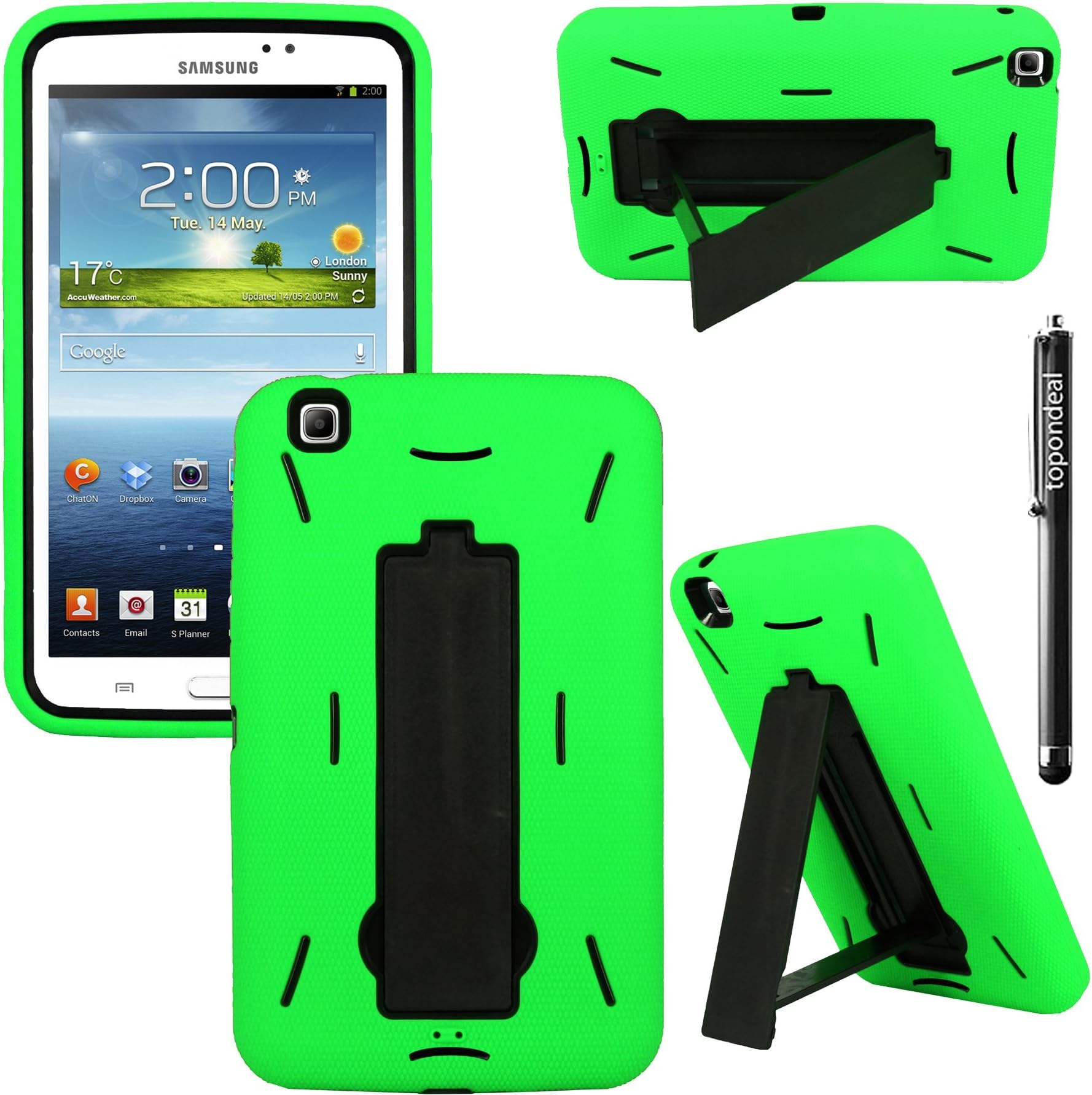 TopOnDeal™ Hybrid Heavy Duty Rugged Shell Protective Case Cover with Built in Kickstand For Samsung Galaxy Tab 3 T310 8" 8.0 Tablet+Stylus Touch Pen (Green and Black)