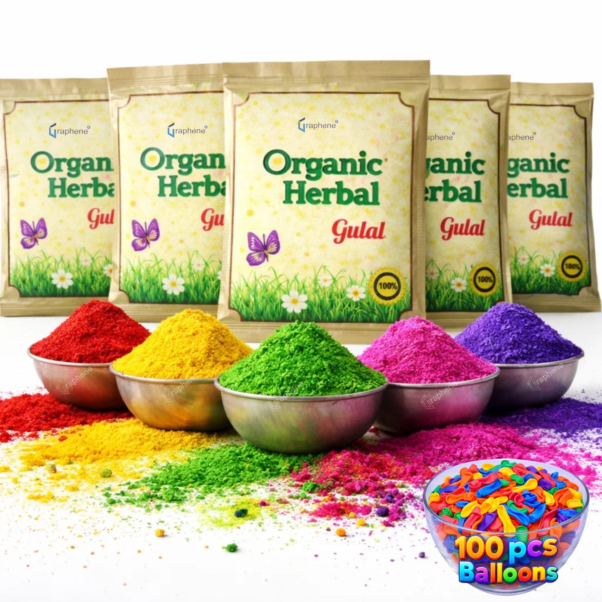 GRAPHENE Holi Combo Herbal Fruit Gulal Pack of 6 with 100 Water Balloons Herbal Eco Friendly Non-Toxic Abeer Rang Quick Fill Easy Tie Balloons Vibrant Colors for Kids Pool Party Boys Girls