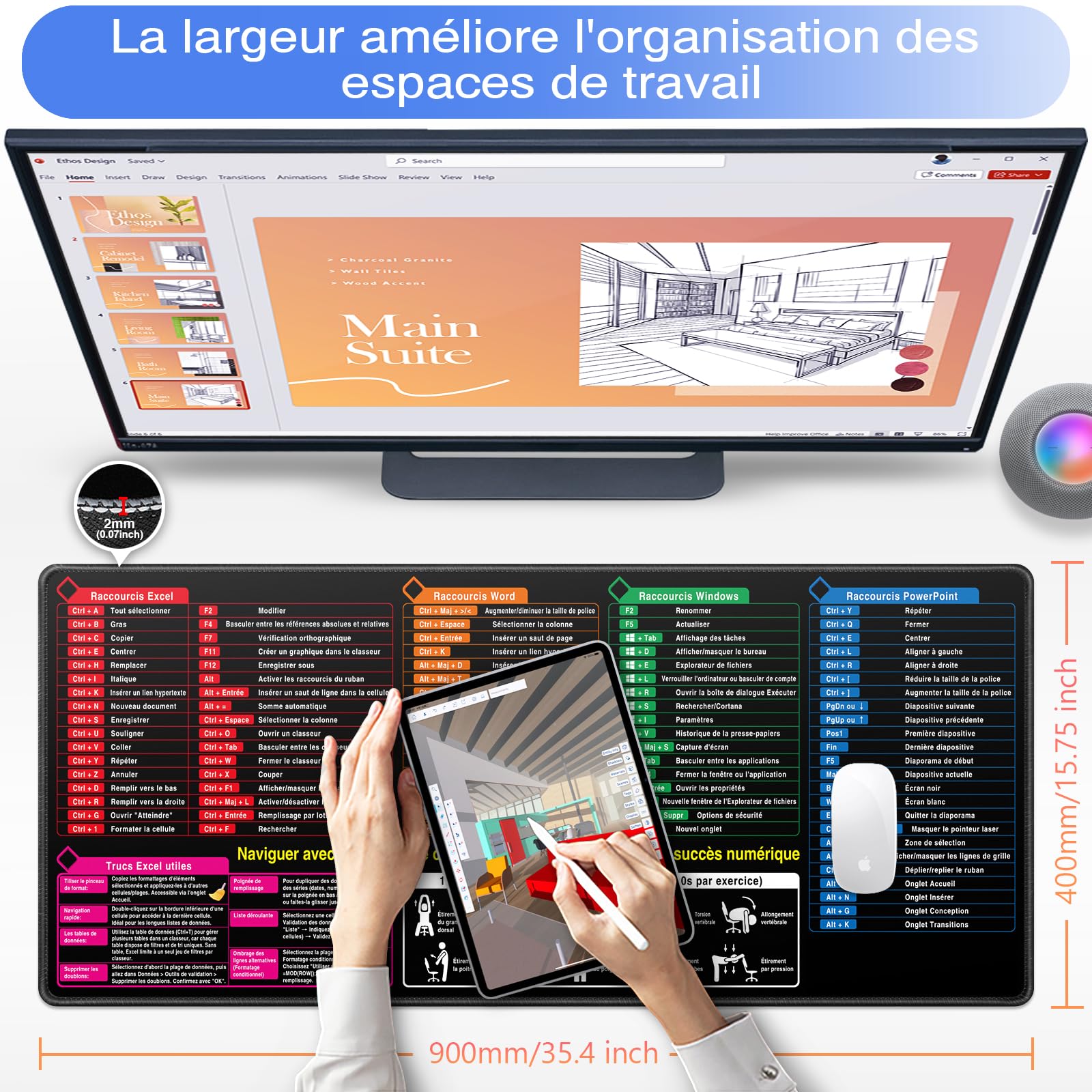 Tapis de Souris XXL Excel Français, Tapis Souris 900 x 400 mm pour Office, Word PPT Windows Grand Tapis de Bureau, Antidérapant sous-Main de Bureau - Surface spéciale améliore la Vitesse