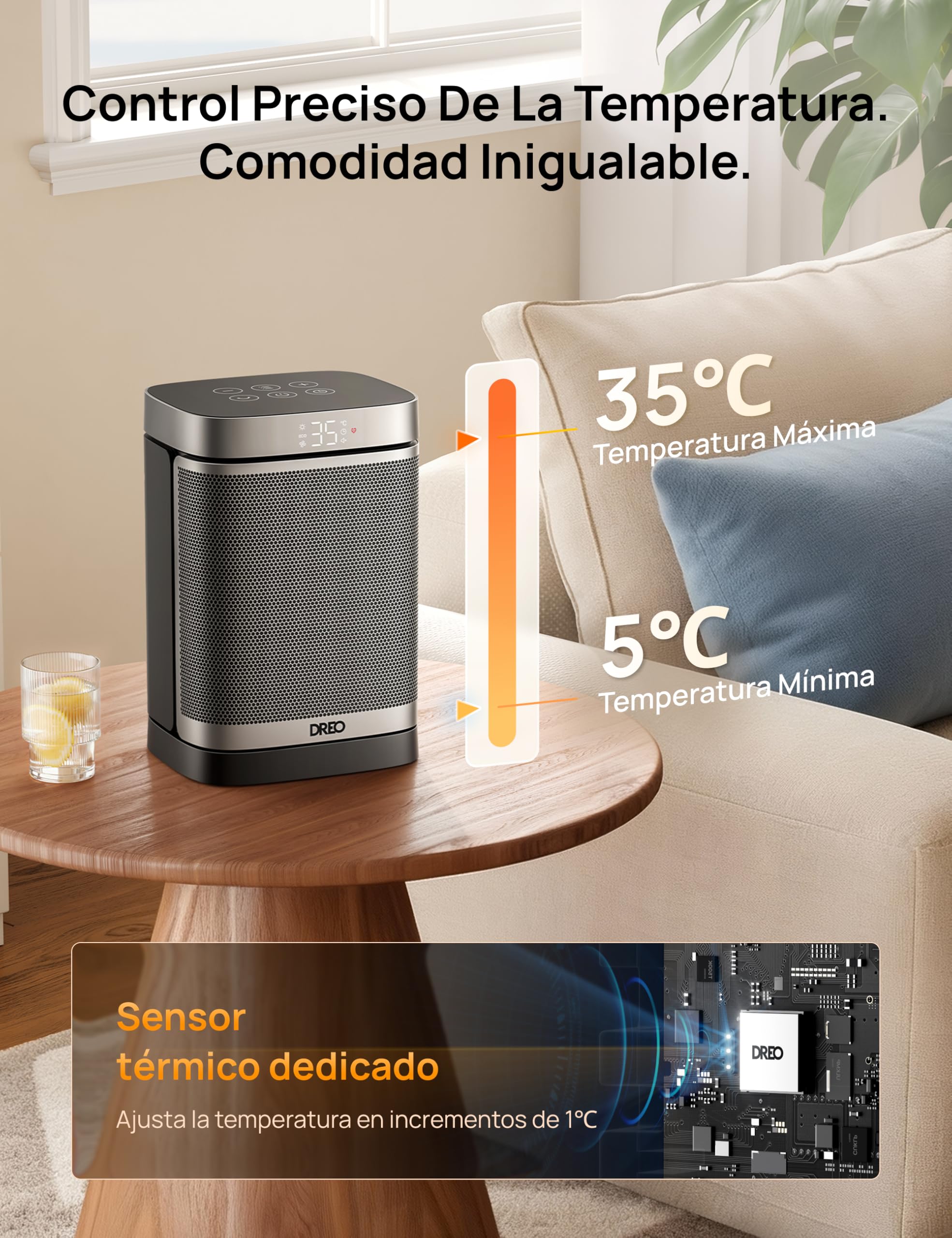 Dreo Calefactor Atom One, 3-Modos 3-Velocidades, 70°Oscilación, Calefactor cerámico de PTC con termostato, con termostato, temporizador 1-12H, Mando a distancia, Modo ECO-Ahorro de energía