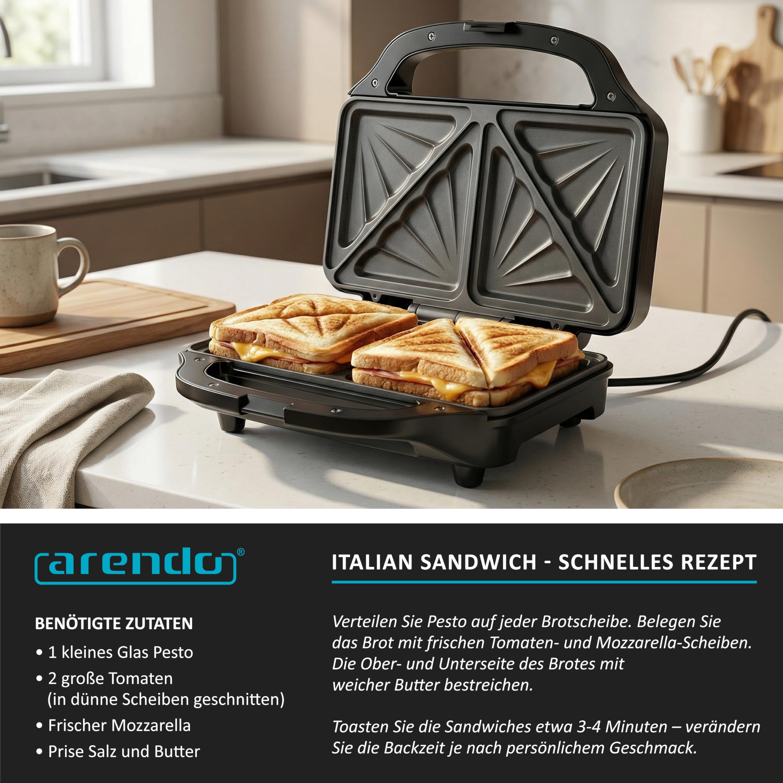 Arendo - Sandwichmaker mit Antihaftbeschichtung – 900 W - automatische Temperaturregelung – Sicherheitsverriegelung - Sandwich Maker - Sandwichtoaster für Sandwiches, Toast, warme Snacks