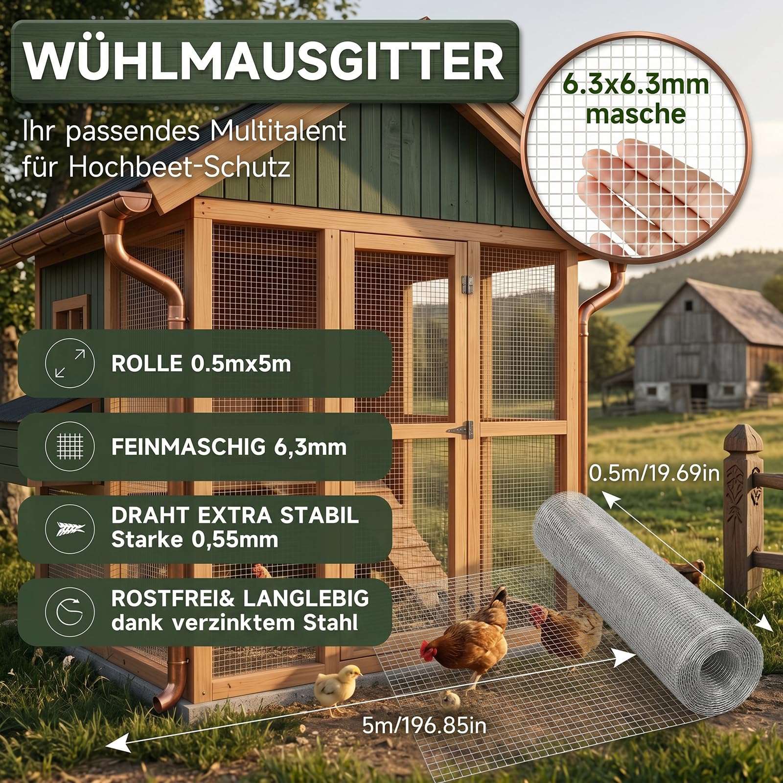 MINEHAJIME Wühlmausgitter 1x10m für Hochbeet - 6,3mm Maschendraht Drahtgitter gegen Wühlmäuse, Hasendraht Kaninchendraht verzinkt, Nagetierschutz für Hochbeet Garten Kaninchenstall Hühnerstall