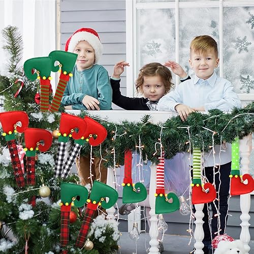 Miniatura 5 de Zeyune 16 piezas de patas de elfo de Navidad de 17 pulgadas, adornos de árbol de cascabel, a cuadros, campana, patas de elfo, patas de elfo,