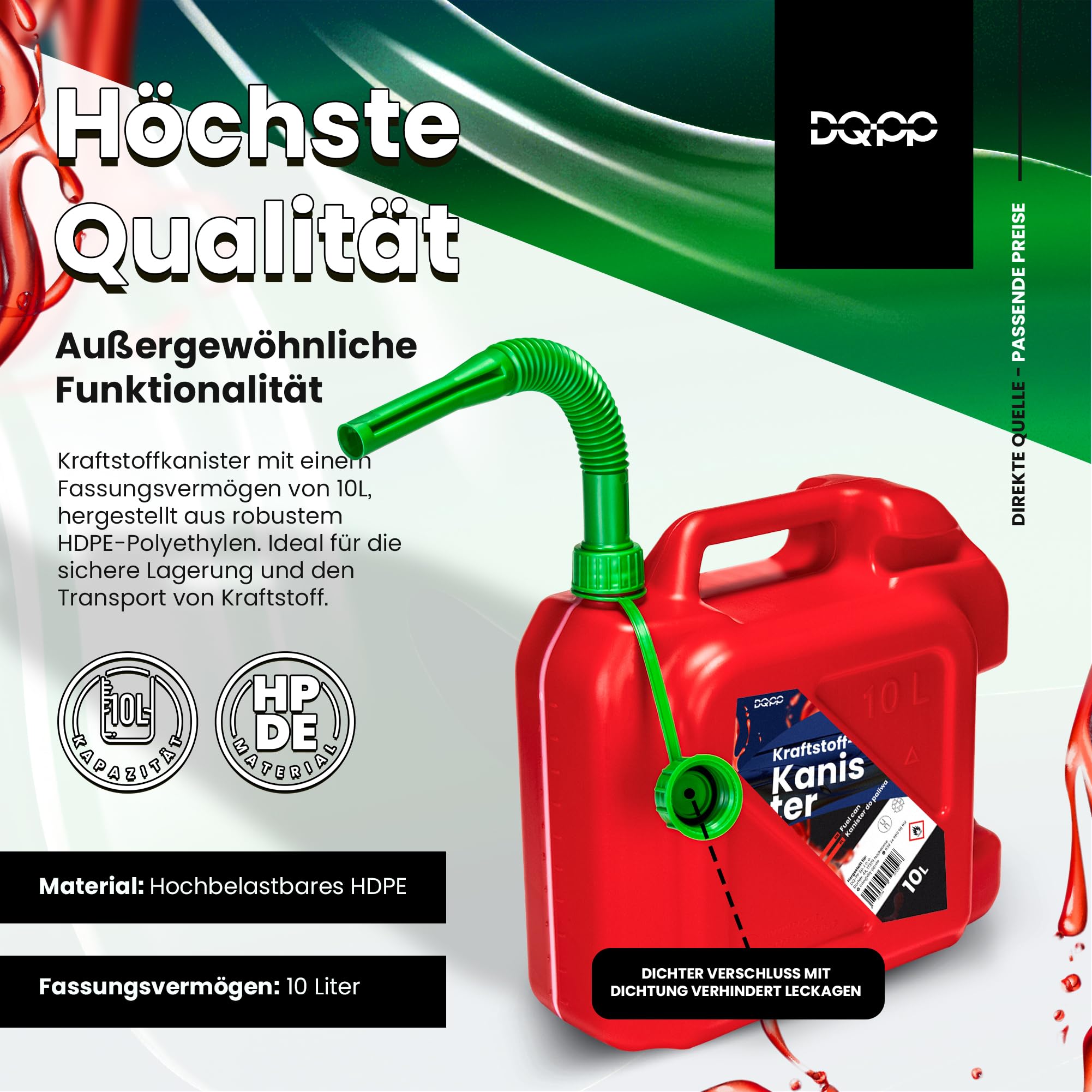 DQ-PP Kraftstoffkanister mit flexiblem Ausgießer | 6x 10 Liter | Rot | Benzinkanister Reservekanister | UN-Zulassung Dieselkanister