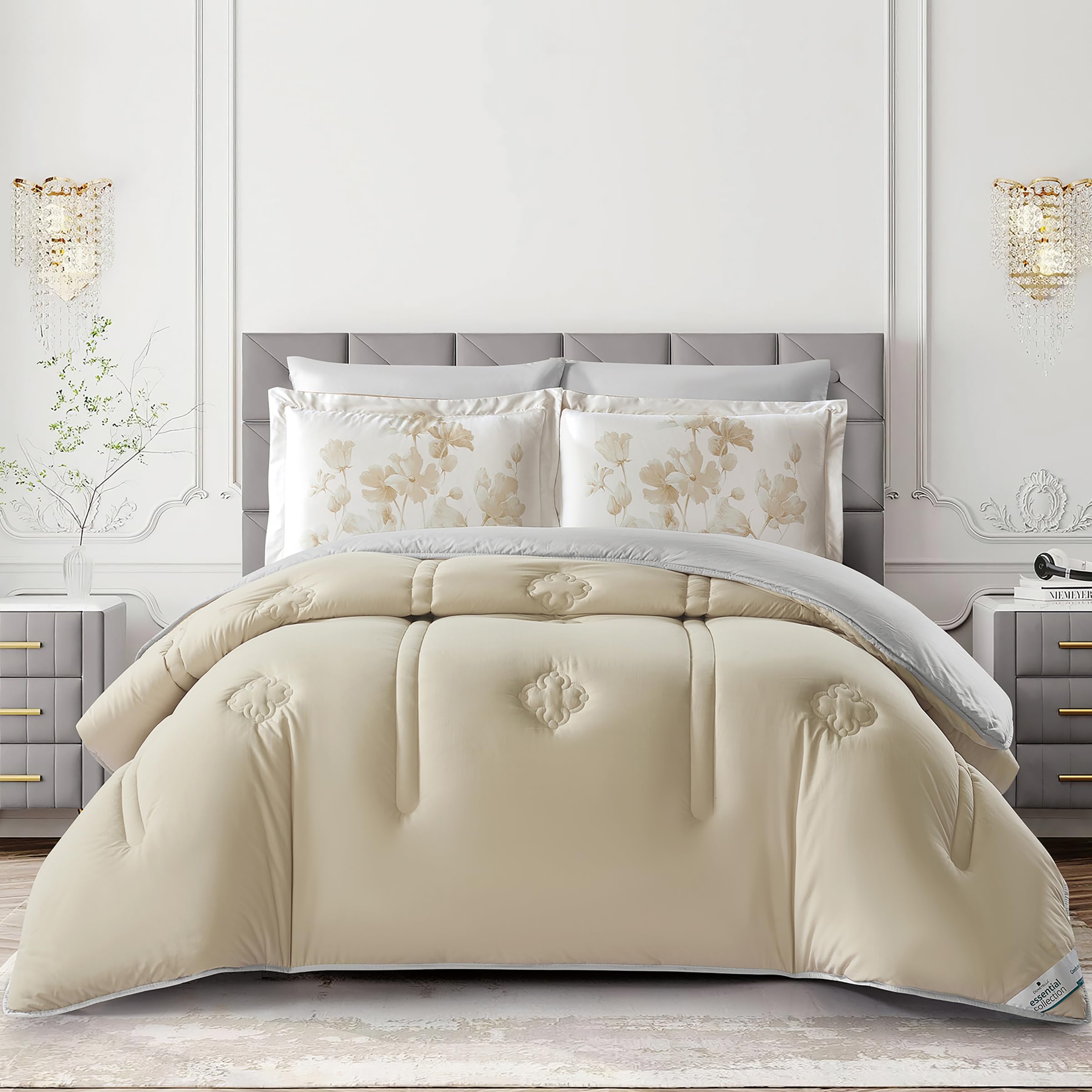 DONETELLA Bedding Comforter Set, King Size Fits 200x200 cm - 6-Pcs Digital Print Quilted Bed Set, Microfiber Fabric - 1 Comforter, 1 Fitted Sheet, 2 Pillow Shams, 2 Pillowcases Lilac-Grey KING 200x200(6 Pcs)