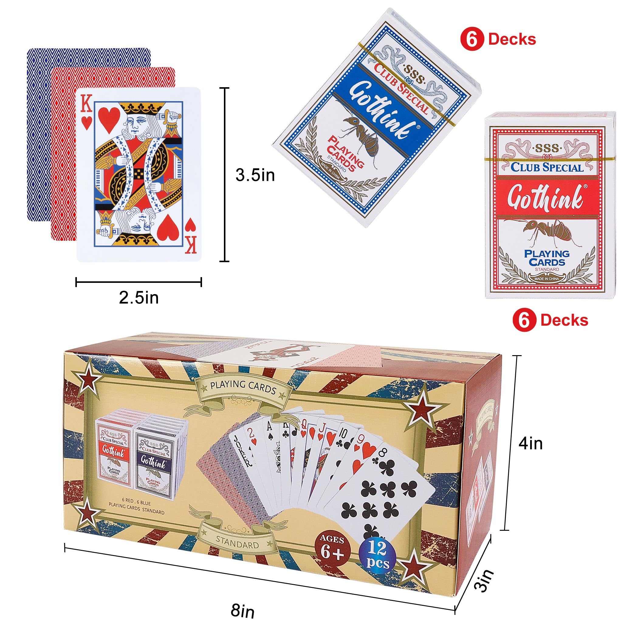 GOTHINK Lot de 12 jeux de cartes à jouer standard avec revêtement en plastique, jeu de cartes de poker de format standard en 6 rouge et 6 bleu, papier de qualité avec construction à noyau bleu, grade