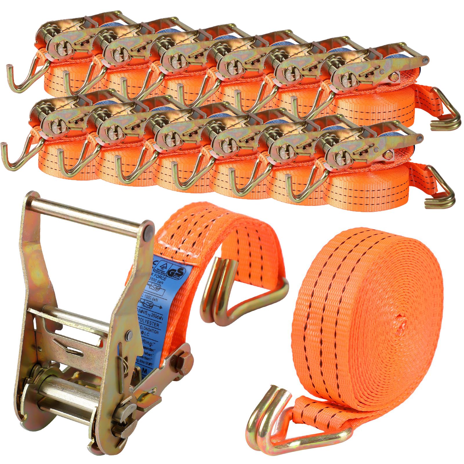 12 x Spanngurte mit Haken Ratsche in 6m 2T (2000 daN, KG) Zweiteilig 38 mm Ratschengurt Zurrgurte für Ladungssicherung TÜV/GS Zertifiziert(Orange)