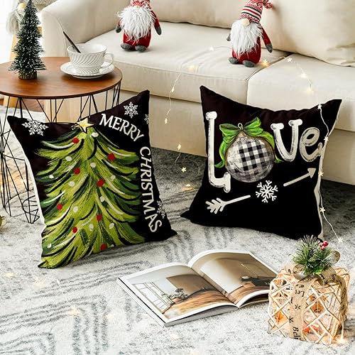 Miniatura 4 de AVOIN colorlife Juego de 4 fundas de almohada negras con texto en inglés Merry Christmas Let It Snow Love Snowman de 18 x 18 pulgadas, decoración