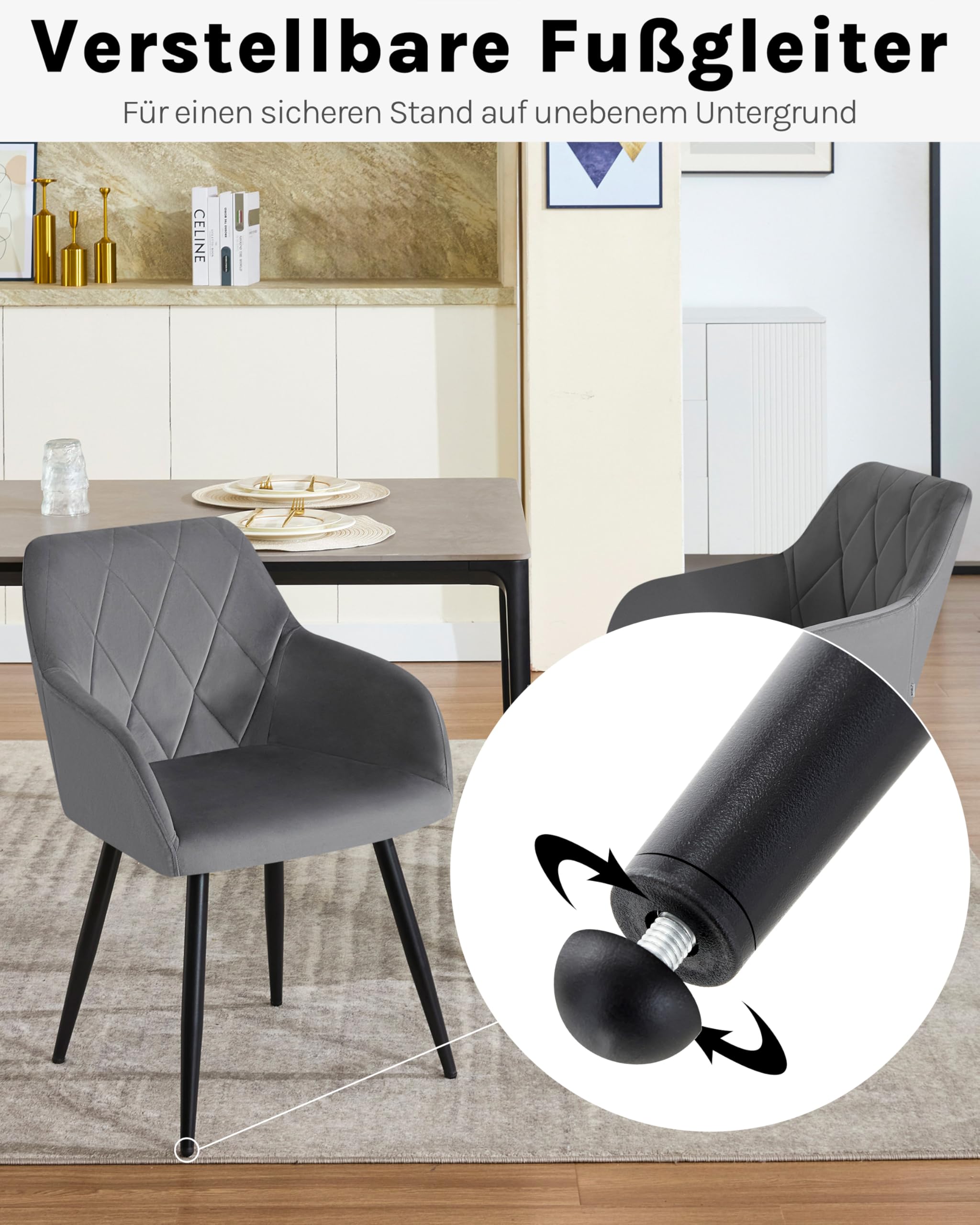 WOLTU 4er Set Esszimmerstühle mit Armlehne Rückenlehne, für Esszimmer Wohnzimmer Küche, Bequeme Küchenstühle gepolstert mit Samtbezug, Metallbeinen, Dunkelgrau