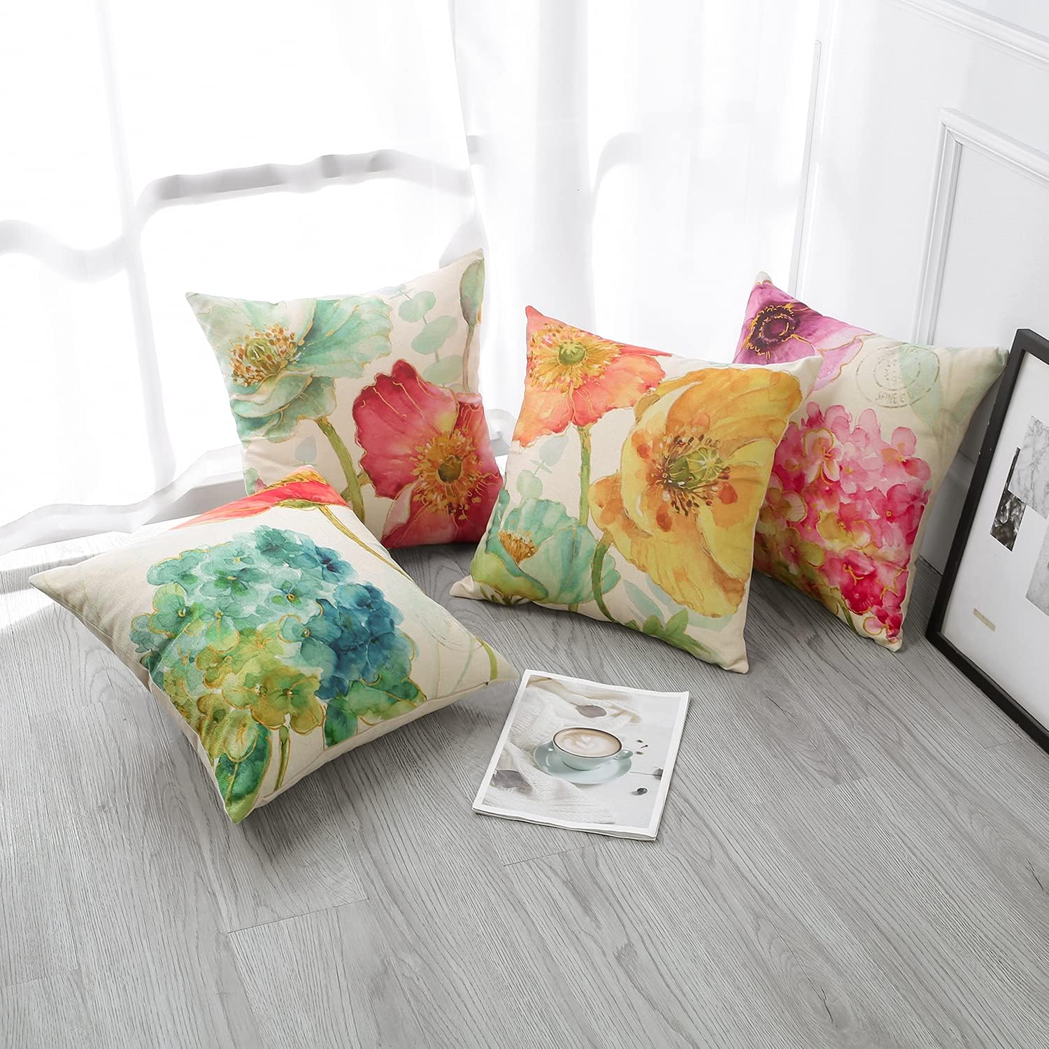 Artscope Set of 4 Waterproof Throw Pillow Covers 18x18 Inches, Hydrangea and Lotus Pattern Decorative Cushion Covers, Perfect to Outdoor Patio Garden Living Room Sofa Farmhouse Decor - Image 5