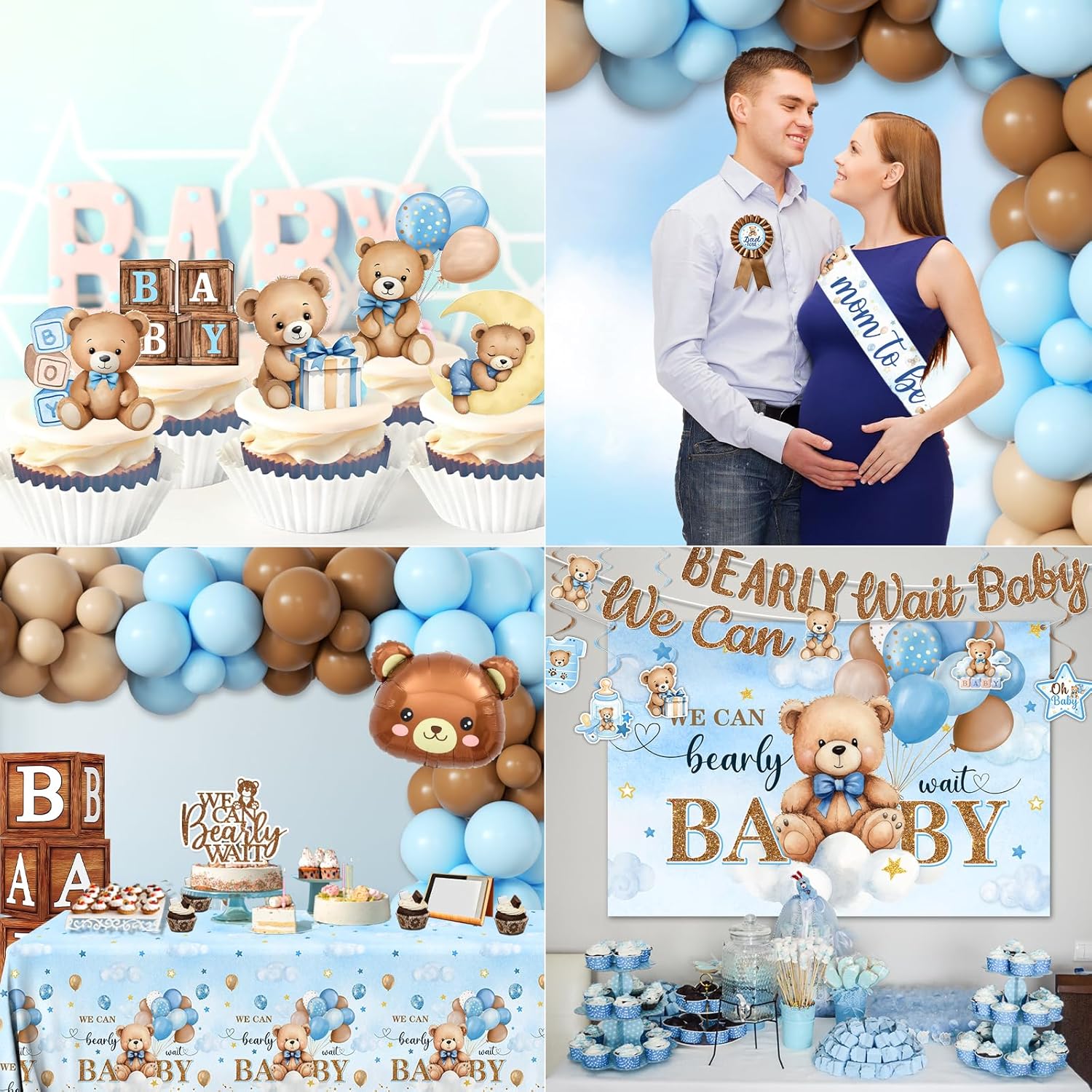 Blue Bear Baby Shower Decorations for Boy, All-in-1 Bear Party Decorations with Balloon Arch Kit Wood Grain Baby Boxes Plates Napkins Cake Toppers Tablecloth Backdrop Blue and Brown Baby Shower Decor