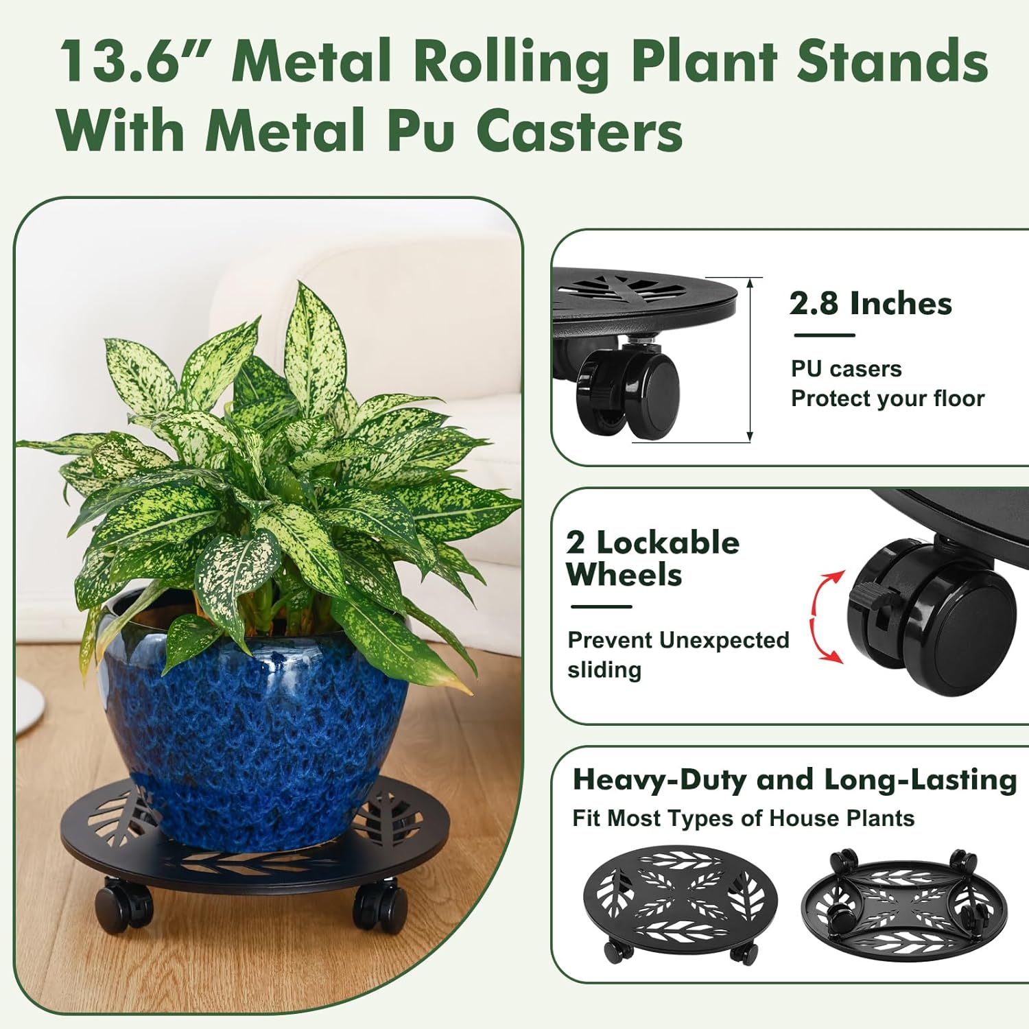 Planterhoma 2 Packs 14 Inch Rolling Plant Stand with Wheels Metal Plant Caddy with Wheels Heavy Duty Plant Rollers with Wheels Round Wrought Iron Plant Stand with Clear Saucers, Matte Black