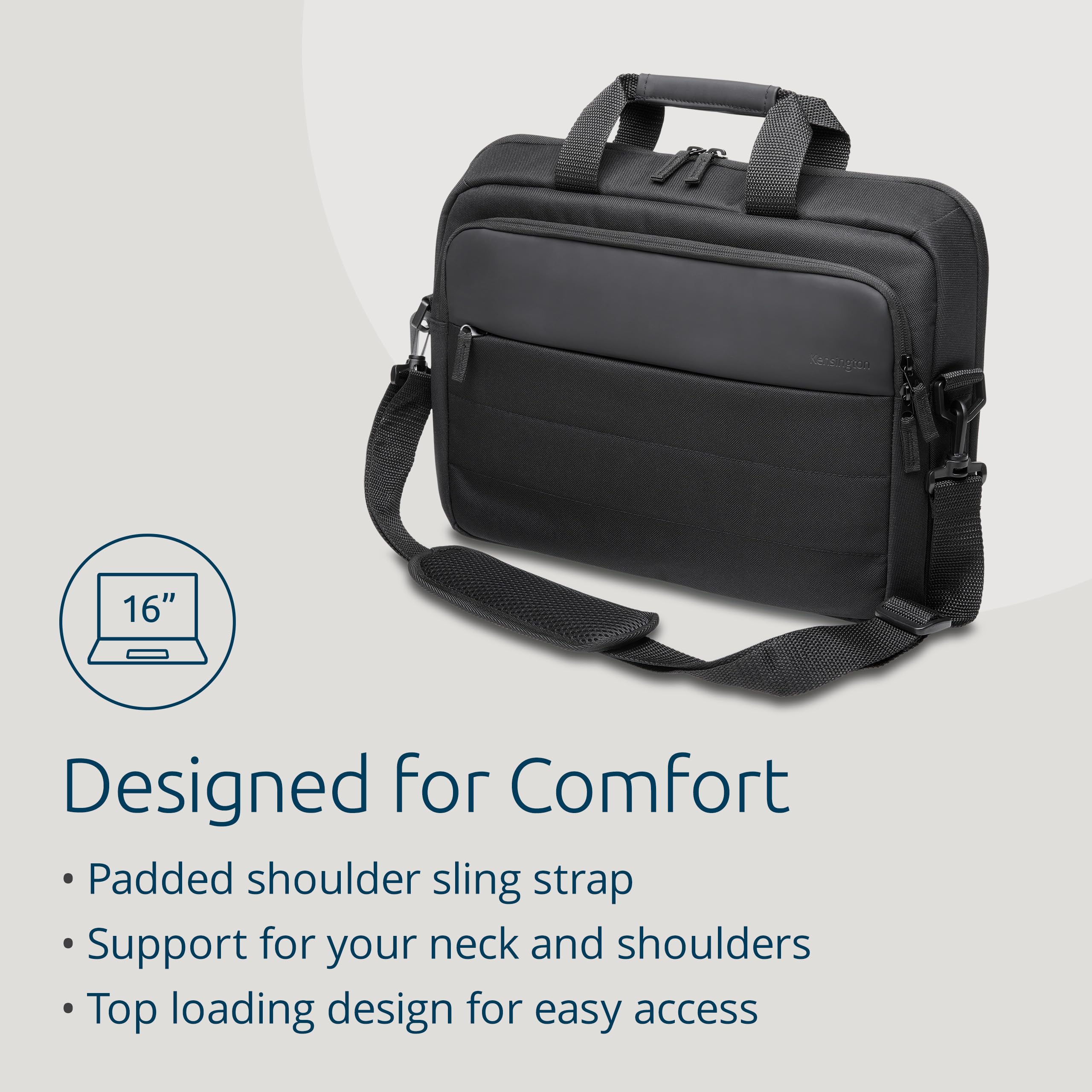 Kensington K60390WW - Maletín para Portátiles de hasta 16", Diseño Tipo Concha, Compartimento Acolchado, Poliéster Reciclado (52% PCR), Negro, Fabricado con 23 Botellas de Plástico Recicladas