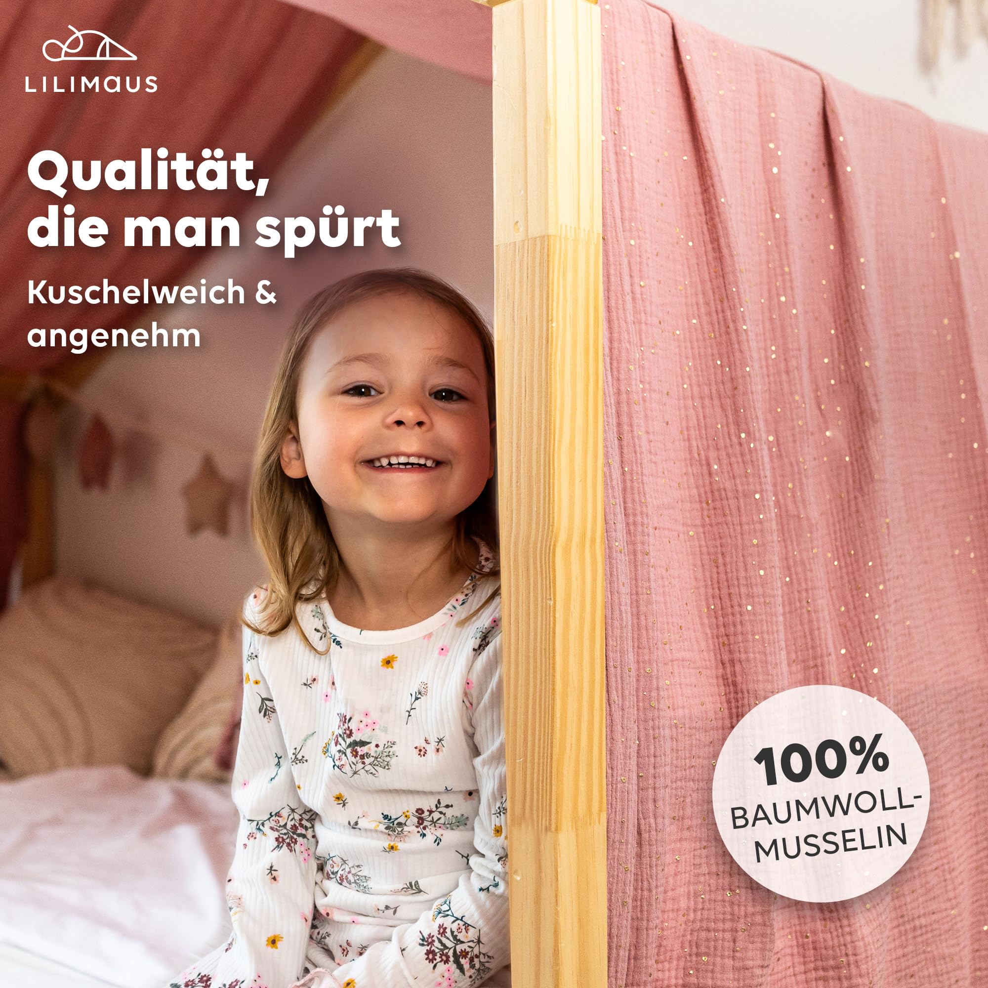 lilimaus Hausbett Himmel mit Gold Applikation [in 12 Farben] Betthimmel Hausbett aus 100% Baumwolle Musselin - Stoffhimmel für Hausbett Deko Mädchen & Jungen - Himmel für Hausbett Kinderbett Vorhang