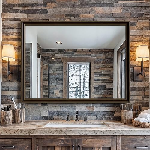 Miniatura 17 de Espejo de pared enmarcado con efecto cobre retro, espejo rectangular de 16 x 20 pulgadas, vidrio templado antidesilvering, marco sostenible y Cobre