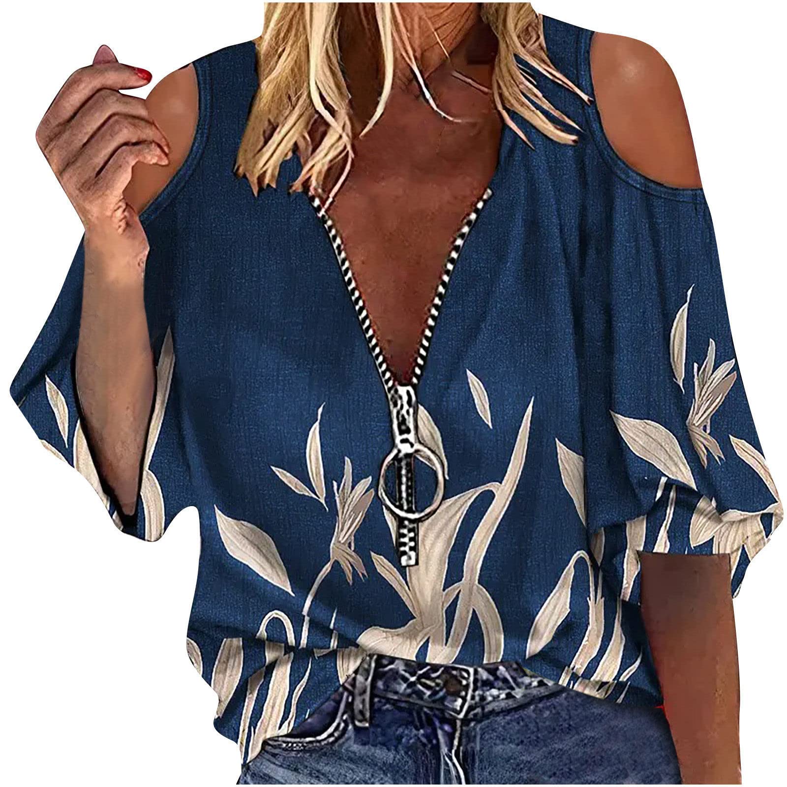 NUSGEAR 2022 Camiseta de Manga Larga Mujer, Elegante impresión Camisa un Hombro Manga Larga Sexy Blusa Casual Moda Cuello en V Cremallera Suelto Primavera otoño Jersey Fiesta Original Tops T-Shirt