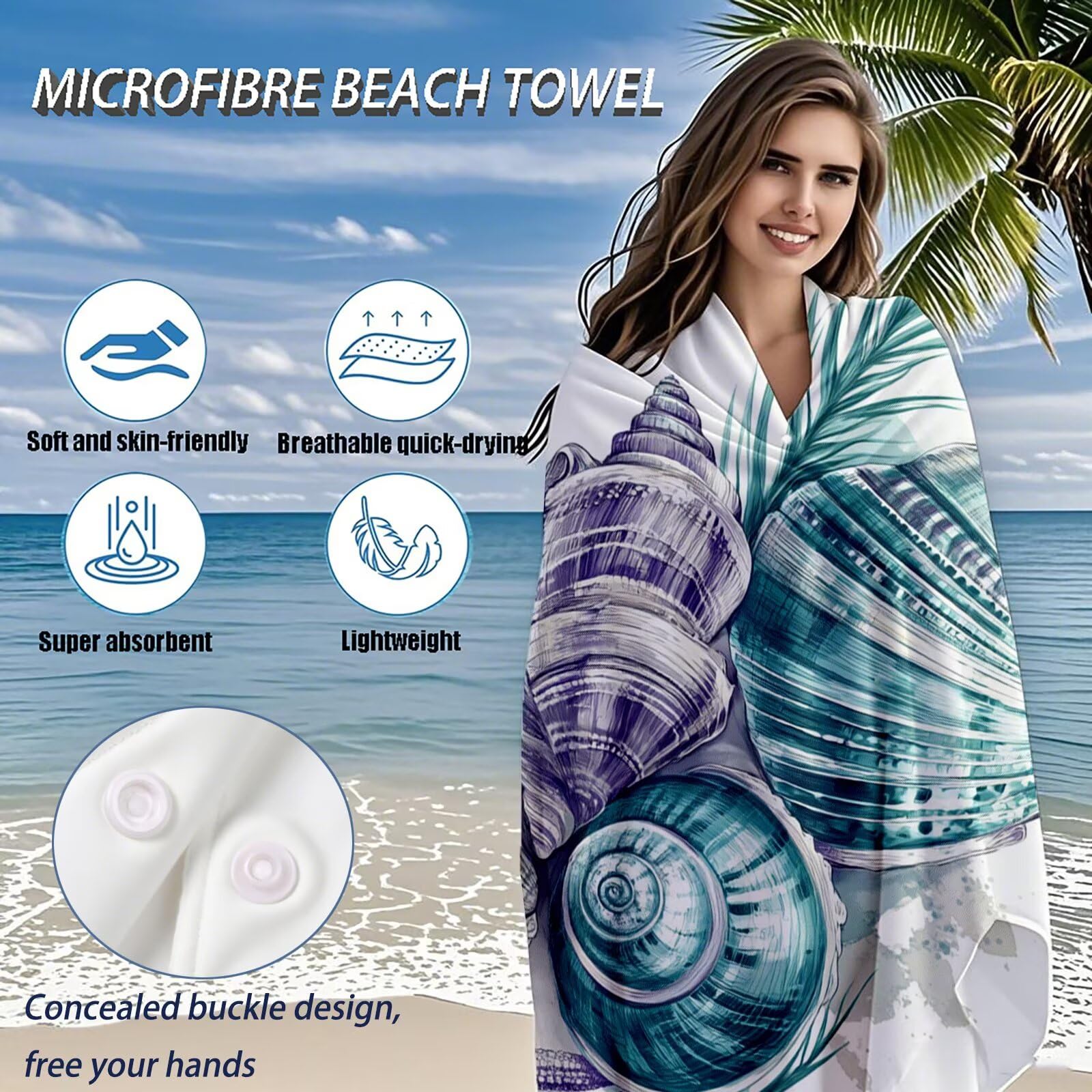 Toallas de Playa Microfibra Concha Toalla Playa Grande 100 x 180 cm Mujer Hombre Secado Rápido Absorbente Toallas Gimnasio Suave Sin Arena Toalla Microfibra para Playas Piscina Viajes Camping Q-693