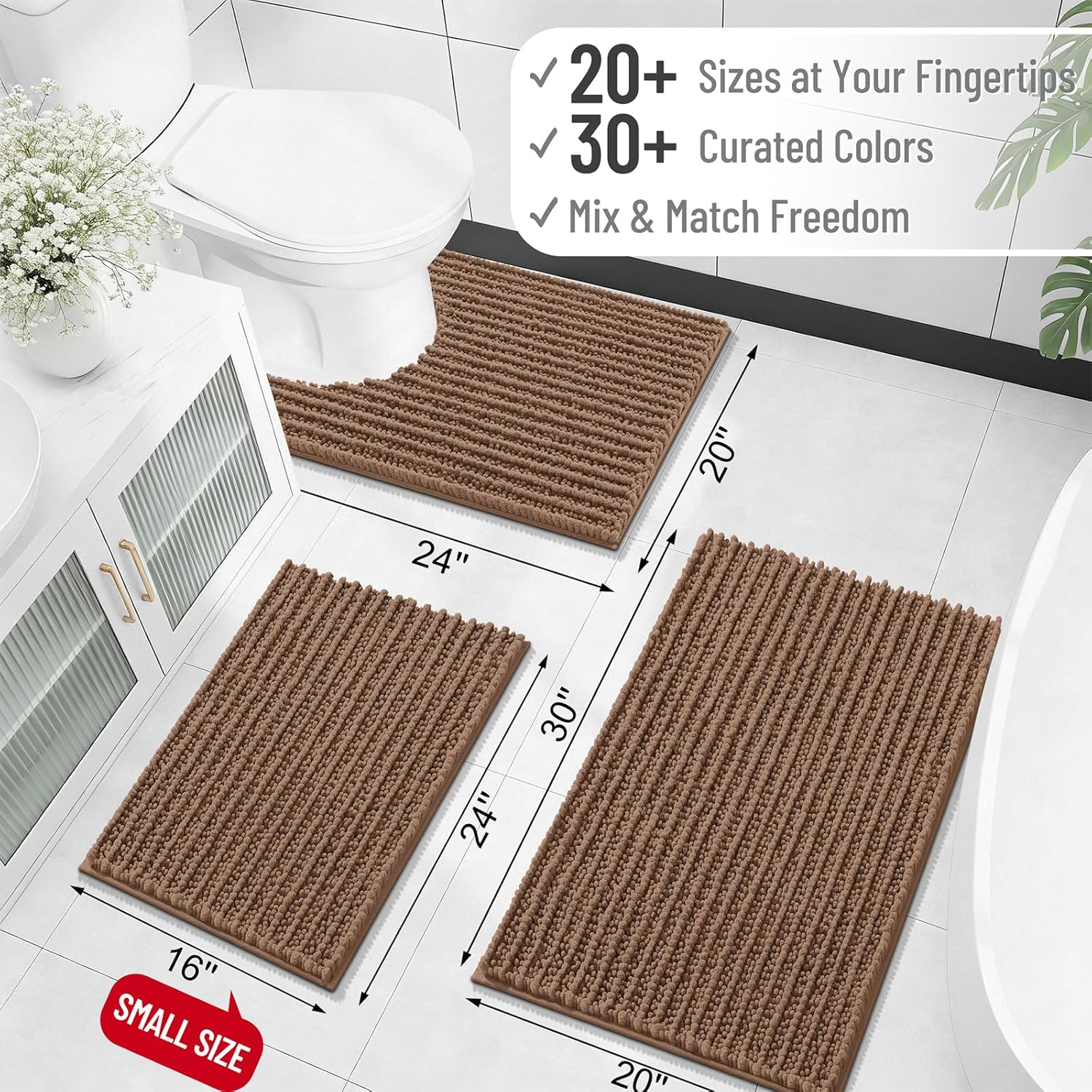 OLANLY Bathroom Rug Mat 30x20, Thick Soft and Absorbent Chenille Bath Mat, Non-Slip Rubber Backing, Machine Washable Quick Dry Bath Rugs for Tub Shower Floor, Home Decor Accessories, Mocha