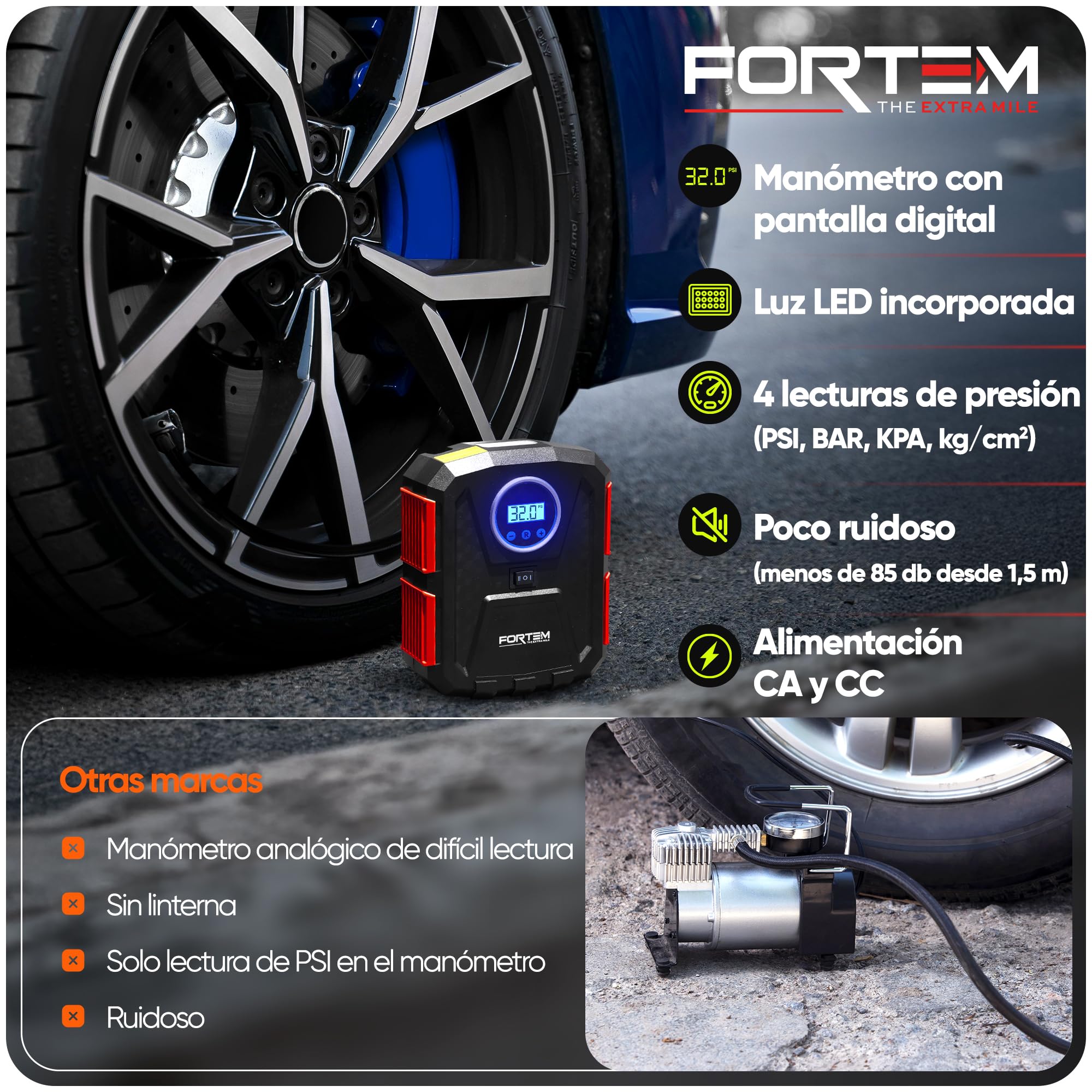 FORTEM Inflador de Ruedas de Coche, Compresor de Aire - Manómetro Digital, Autobombeo, Parada Automática - Bolsa de Transporte